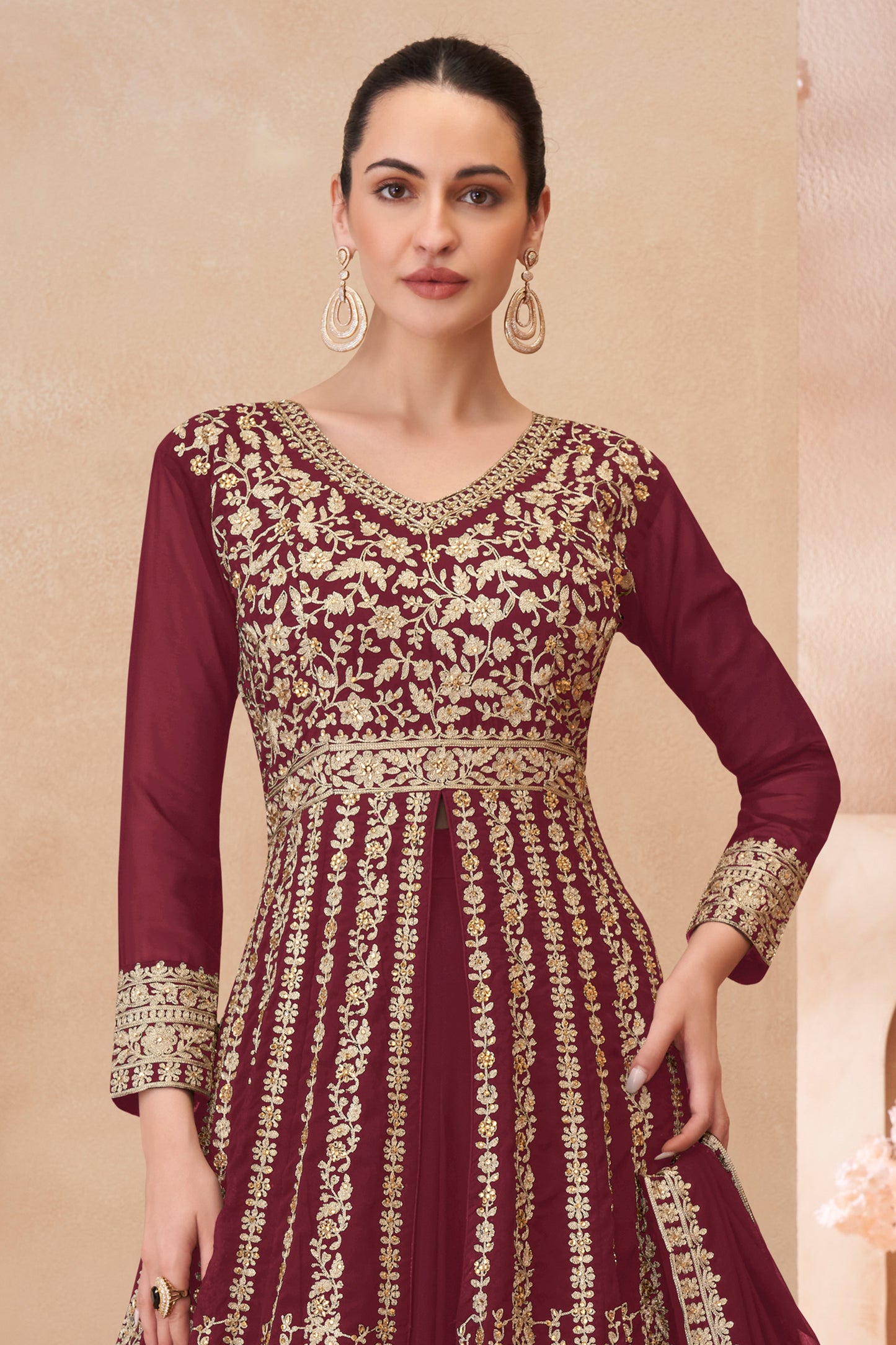 Maroon Readymade Embroidered Georgette Skirt Suit-SAR12178_4_SareeButa.com