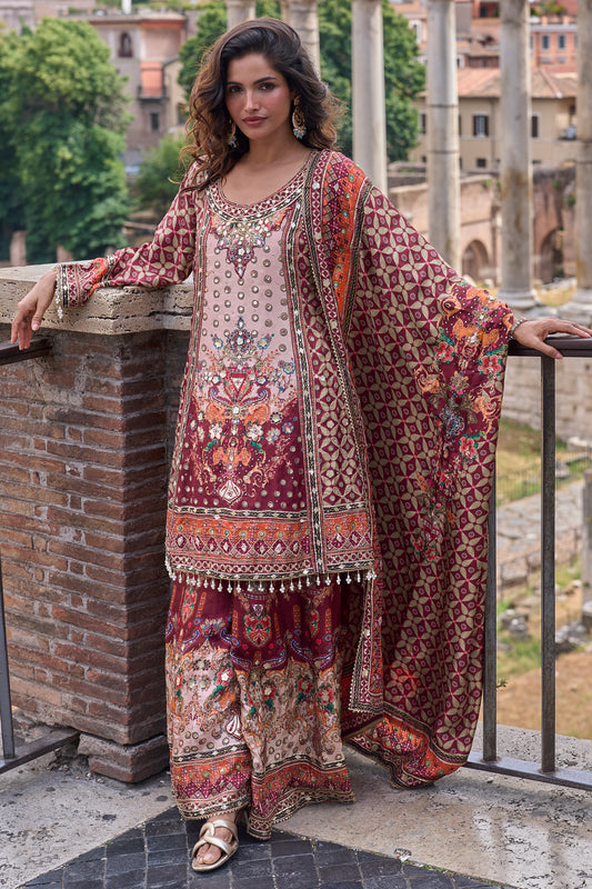 Maroon Readymade Embroidered Satin Crepe Palazzo Suit-SAR13235_1_SareeButa.com