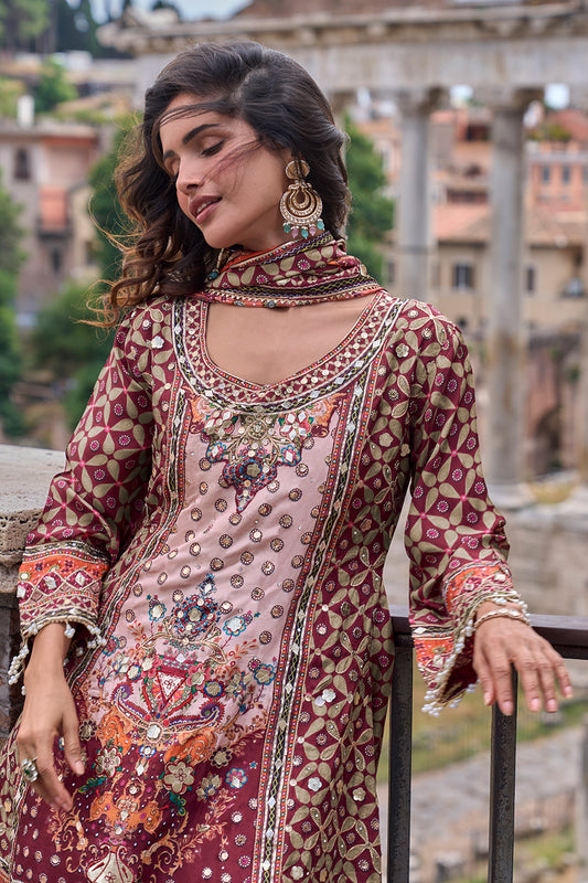 Maroon Readymade Embroidered Satin Crepe Palazzo Suit-SAR13235_2_SareeButa.com