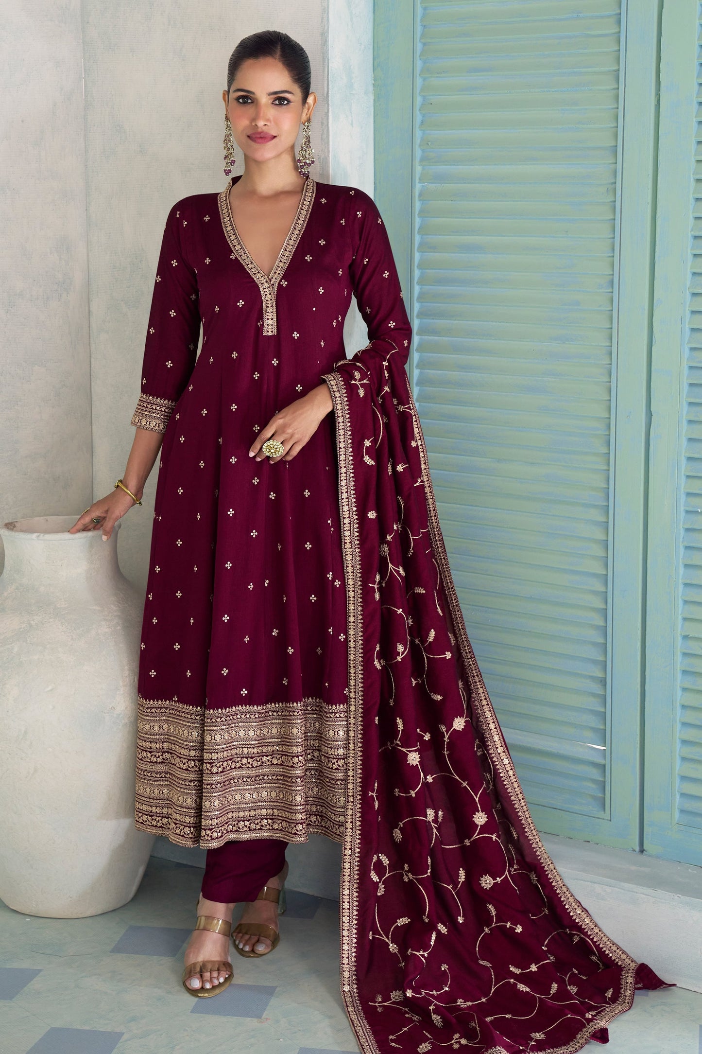 Burgundy Readymade Embroidered Silk Anarkali Suit-SAR10679_1_SareeButa.com