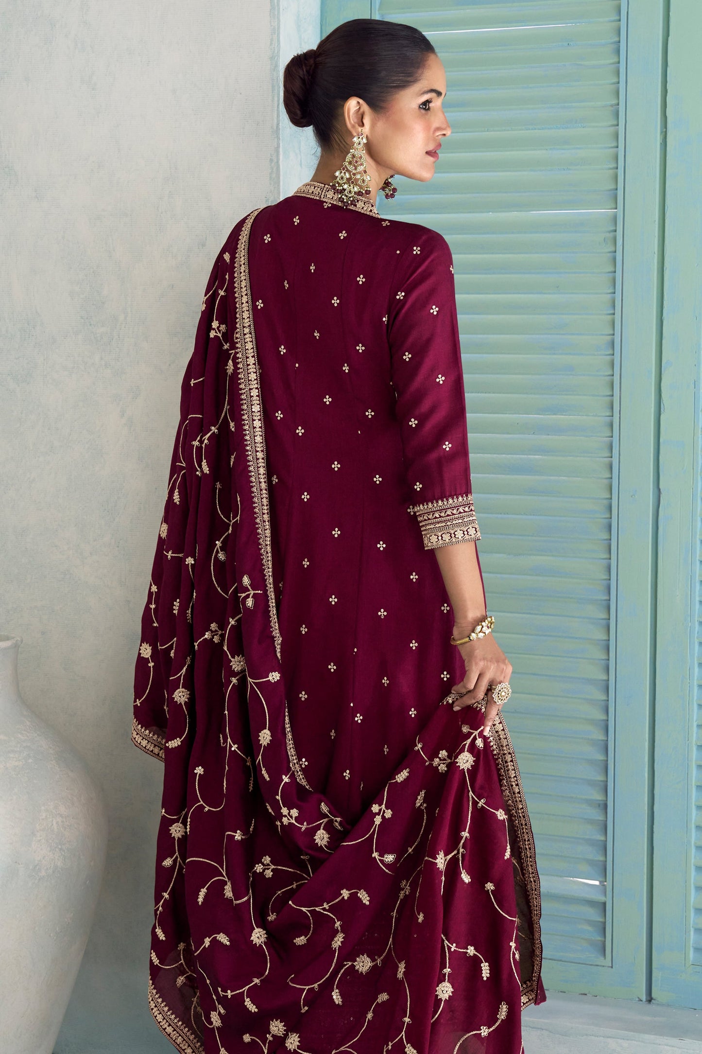 Burgundy Readymade Embroidered Silk Anarkali Suit-SAR10679_3_SareeButa.com