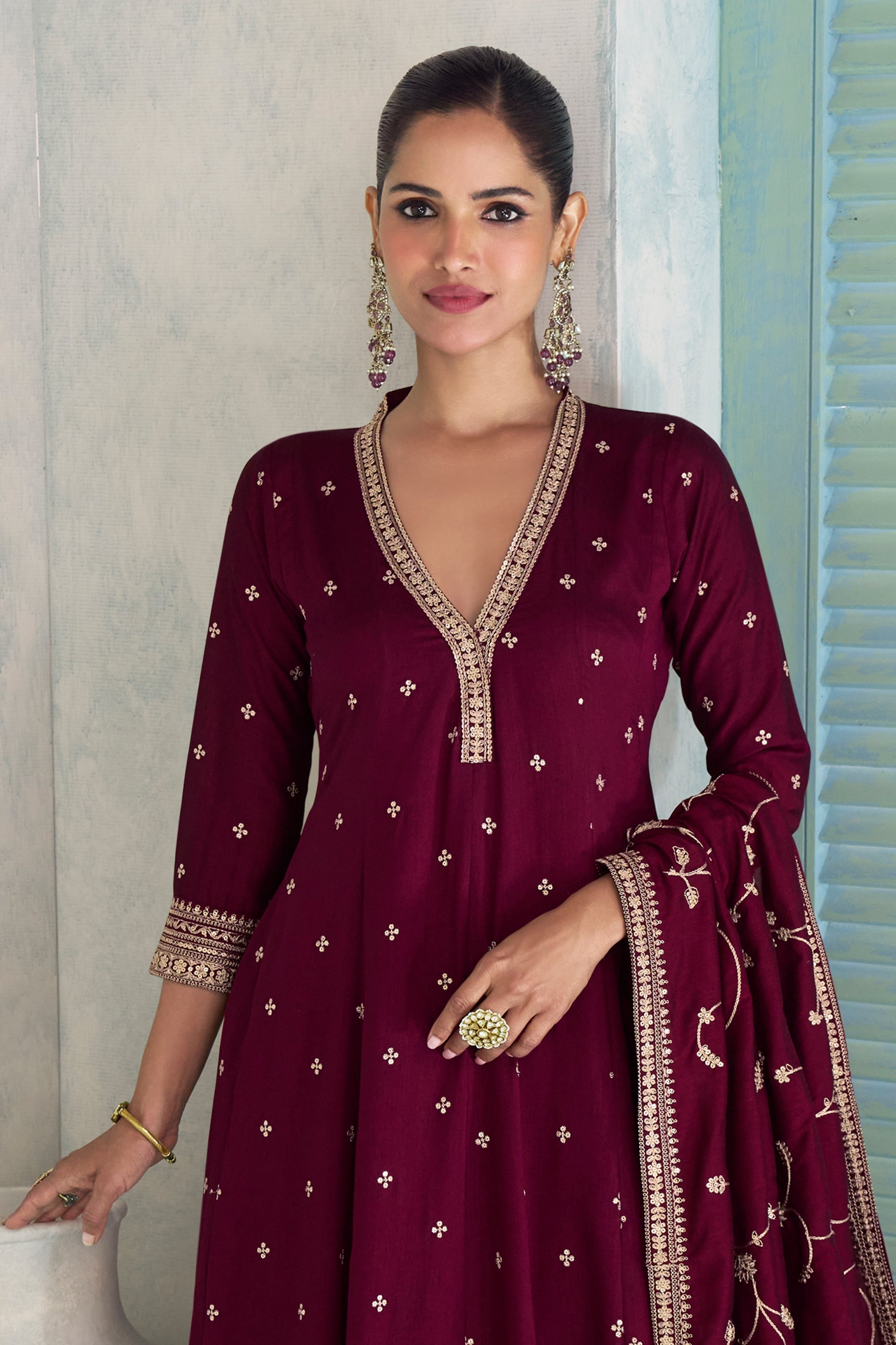 Burgundy Readymade Embroidered Silk Anarkali Suit-SAR10679_4_SareeButa.com