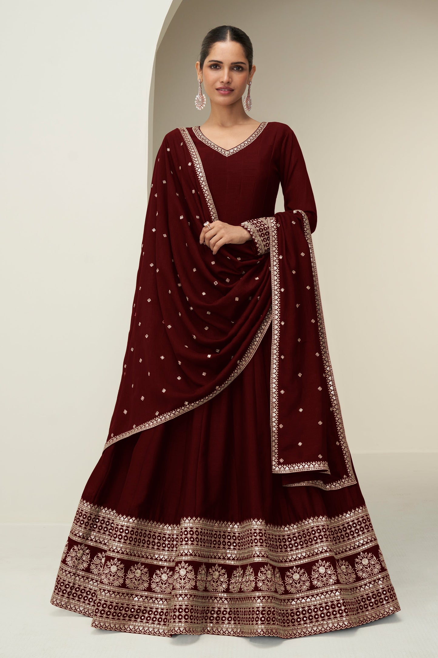 Maroon Readymade Embroidered Silk Gown With Dupatta-SAR10774_1_SareeButa.com