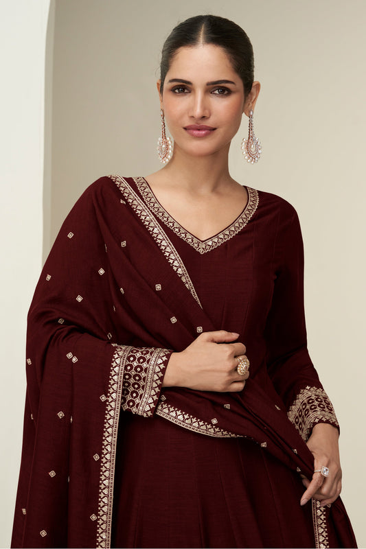 Maroon Readymade Embroidered Silk Gown With Dupatta-SAR10774_2_SareeButa.com