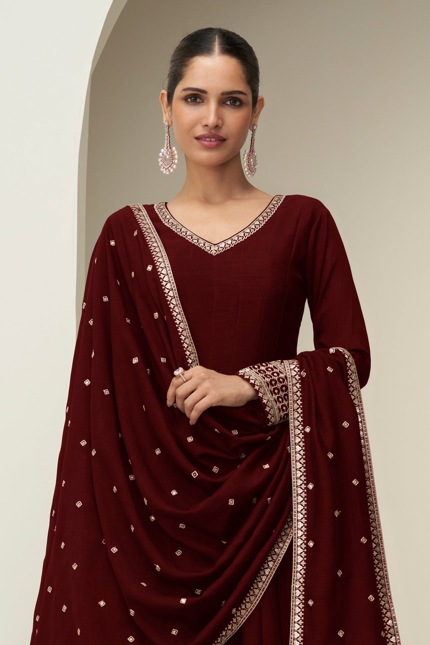 Maroon Readymade Embroidered Silk Gown With Dupatta-SAR10774_3_SareeButa.com