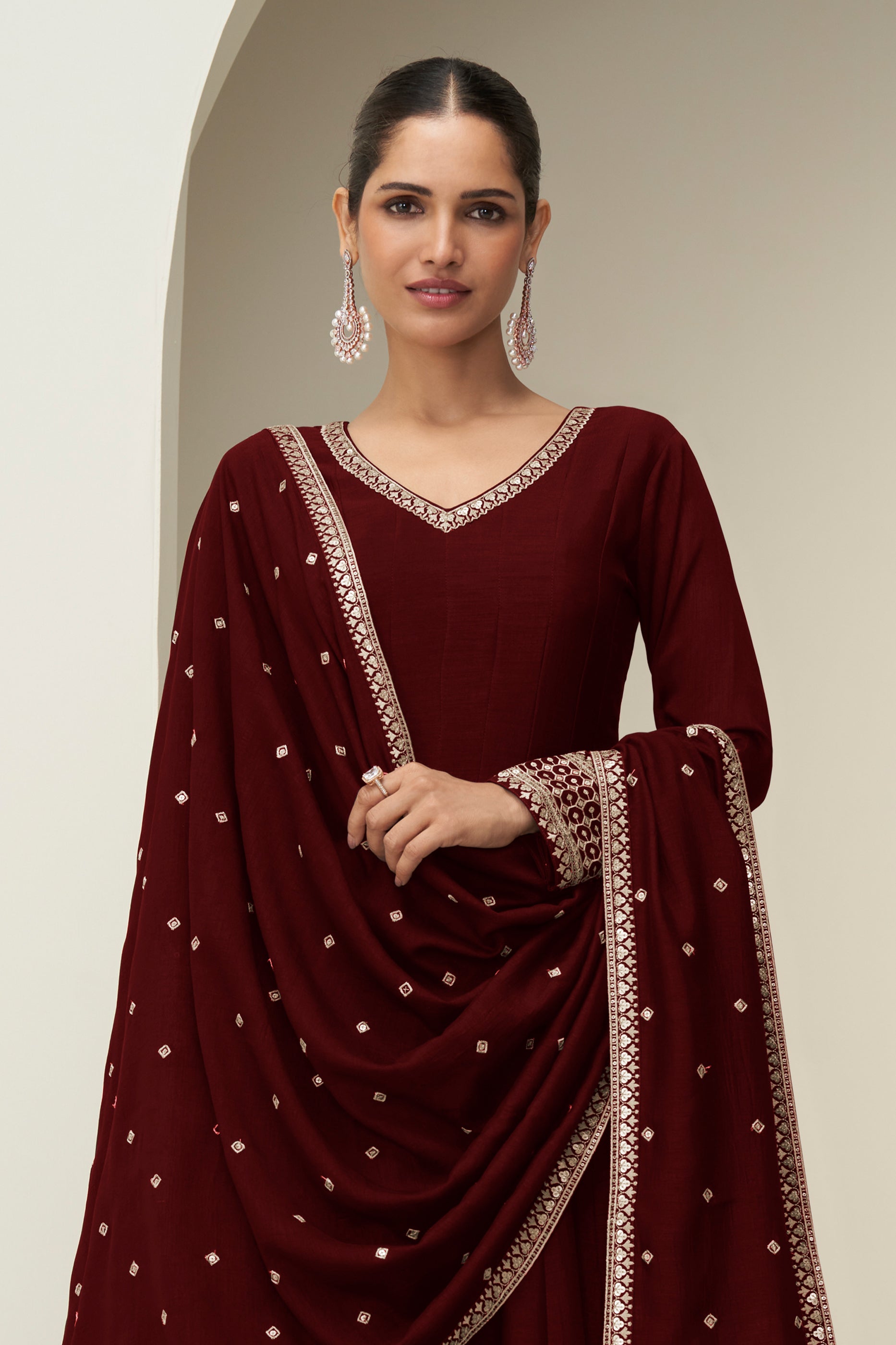 Maroon Readymade Embroidered Silk Gown With Dupatta-SAR10774_3_SareeButa.com
