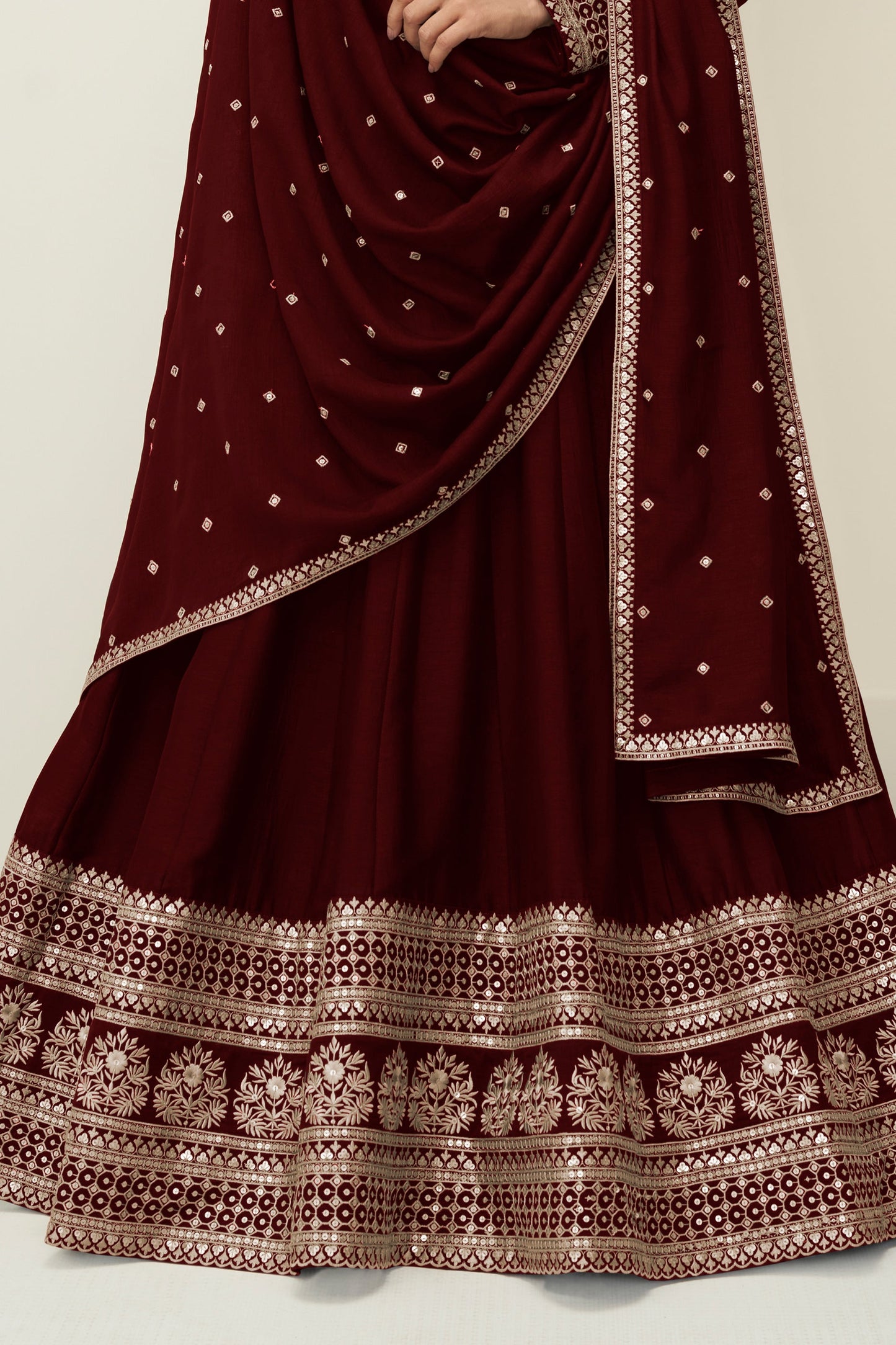 Maroon Readymade Embroidered Silk Gown With Dupatta-SAR10774_4_SareeButa.com