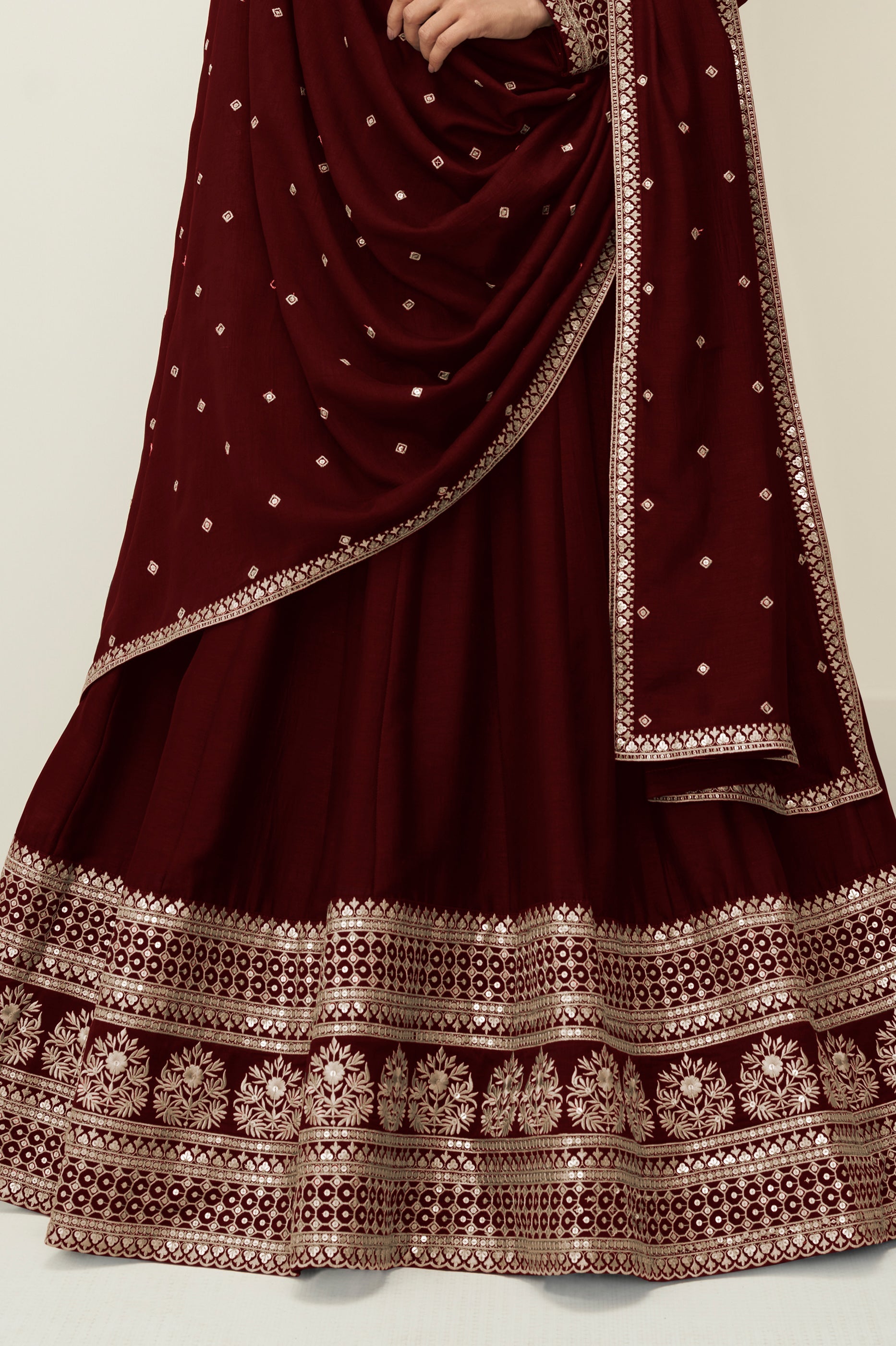 Maroon Readymade Embroidered Silk Gown With Dupatta-SAR10774_4_SareeButa.com