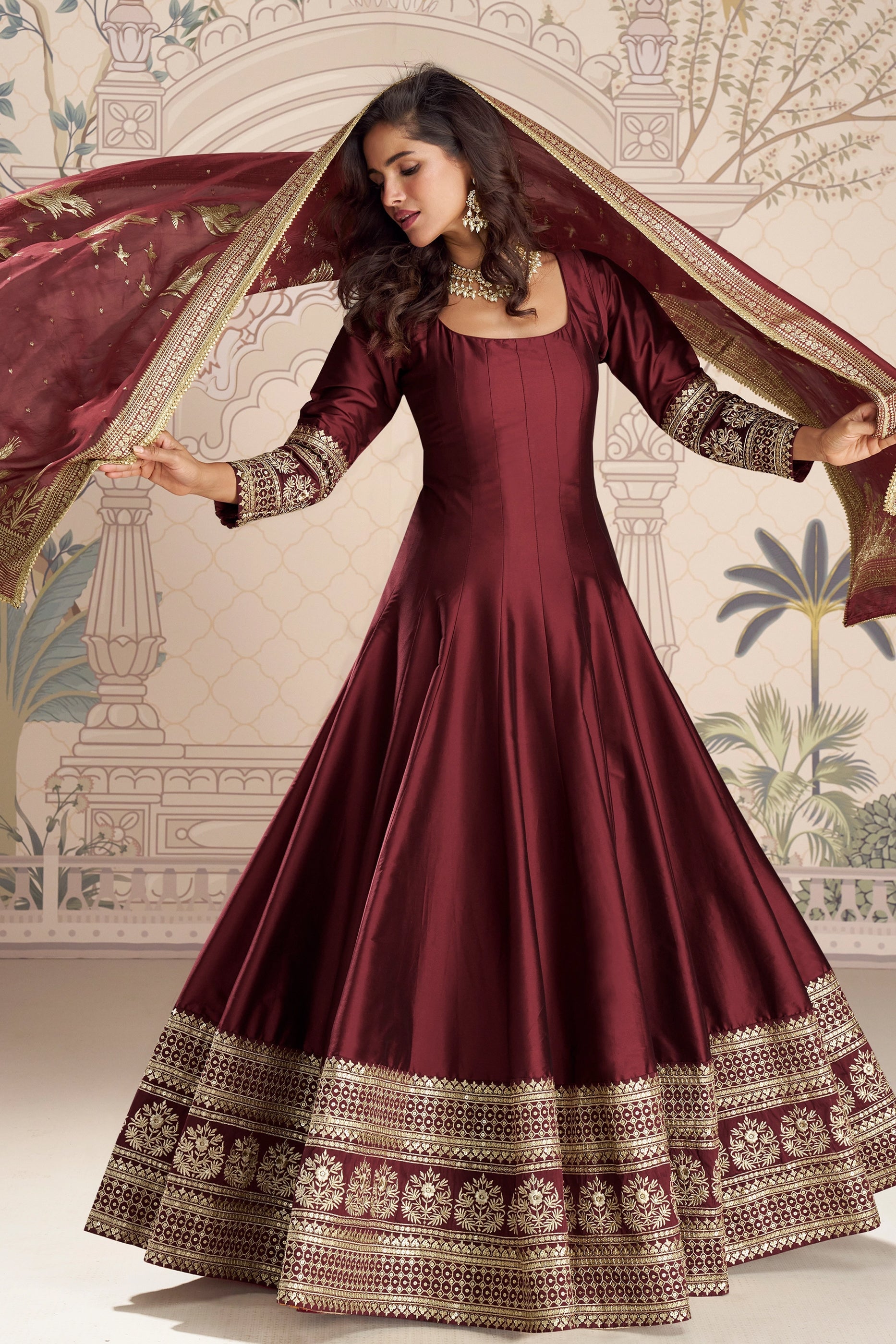 Maroon Readymade Embroidered Silk Gown With Dupatta-SAR11088_1_SareeButa.com