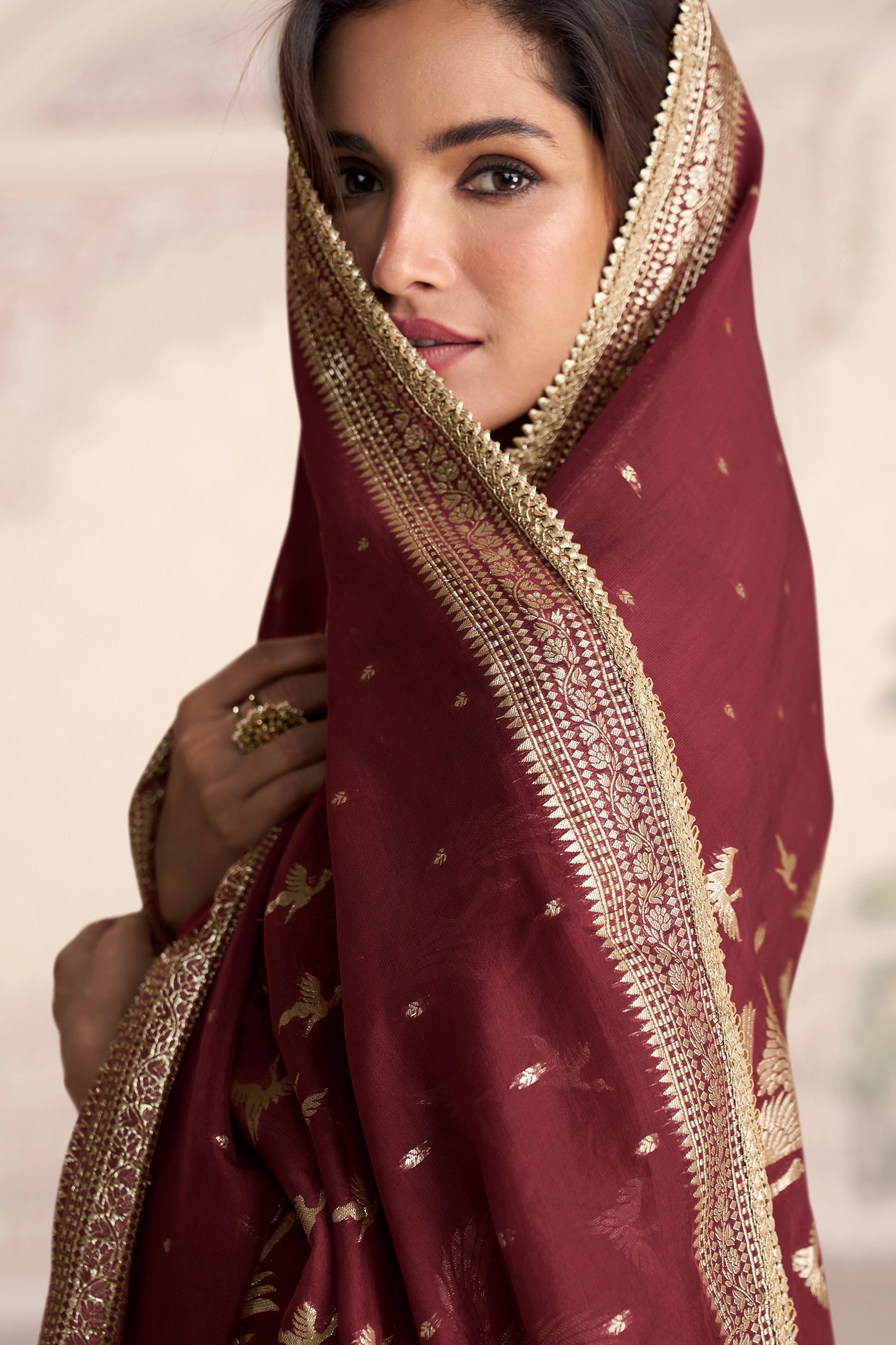 Maroon Readymade Embroidered Silk Gown With Dupatta-SAR11088_3_SareeButa.com