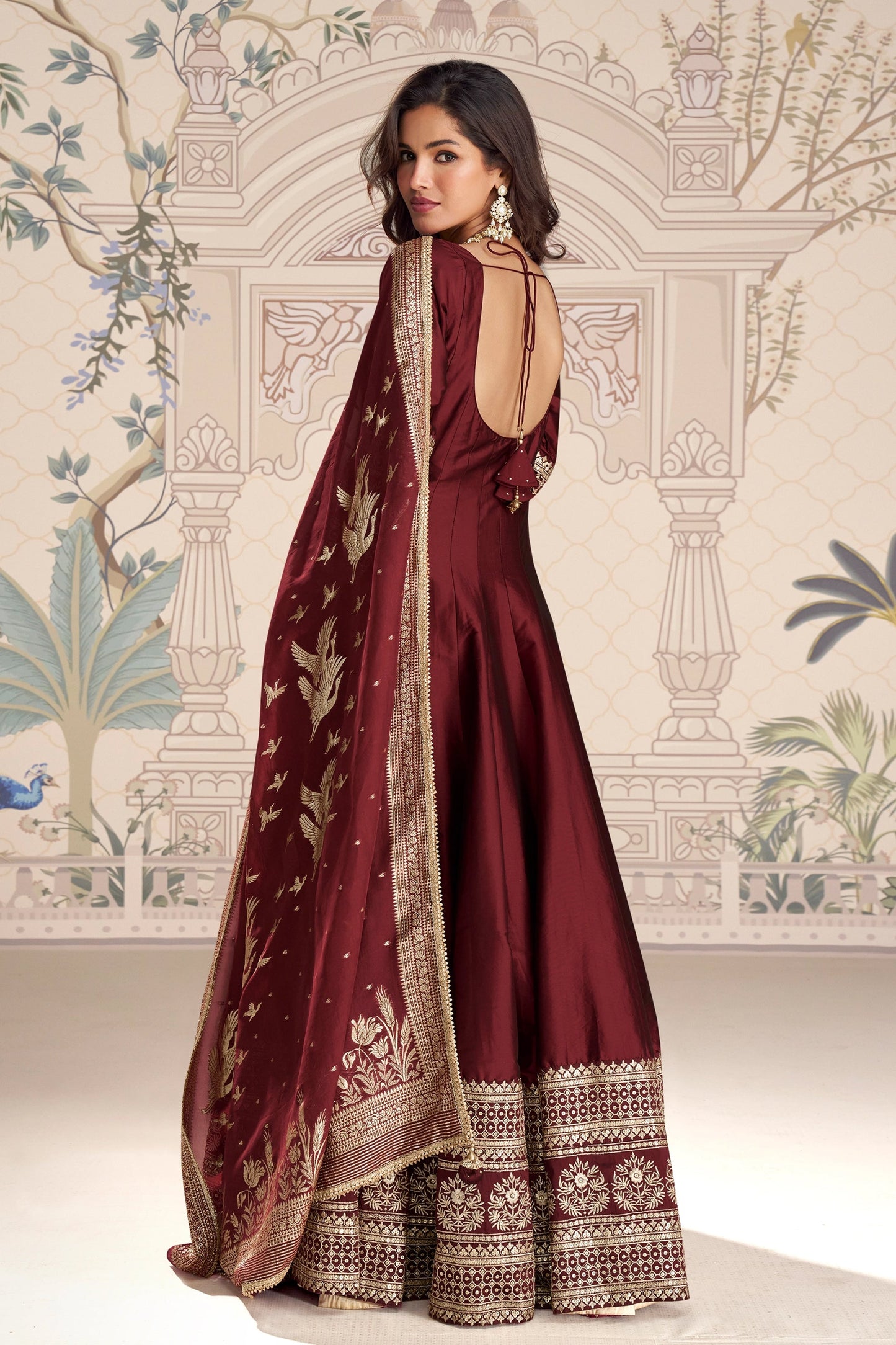 Maroon Readymade Embroidered Silk Gown With Dupatta-SAR11088_4_SareeButa.com