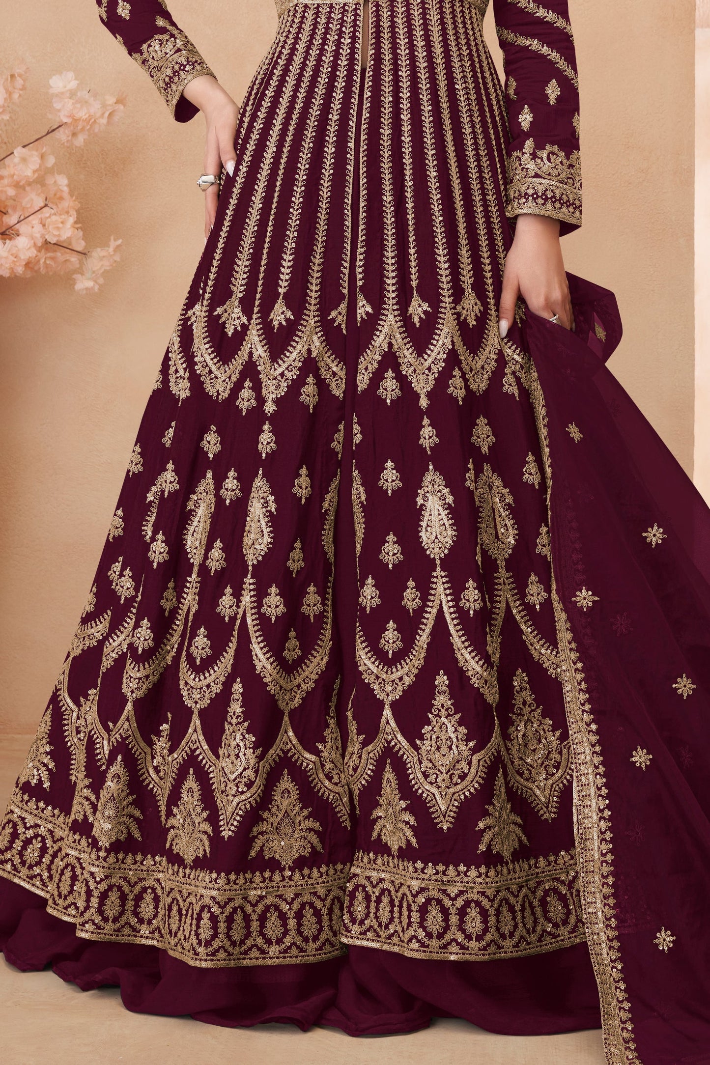 Wine Readymade Heavy Work Chinon Skirt Suit-SS617_4_SareeButa.com