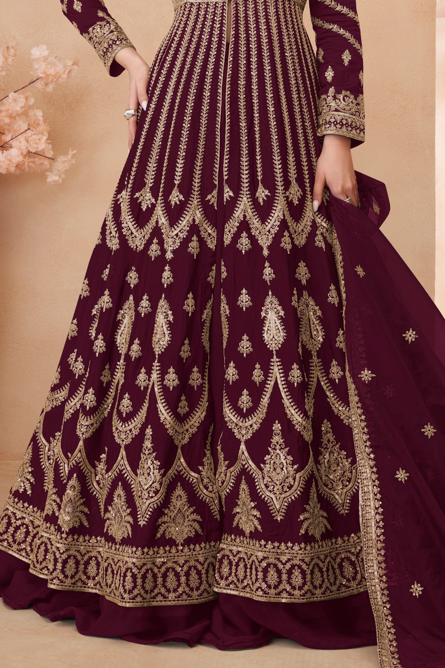 Wine Readymade Heavy Work Chinon Skirt Suit-SS617_4_SareeButa.com