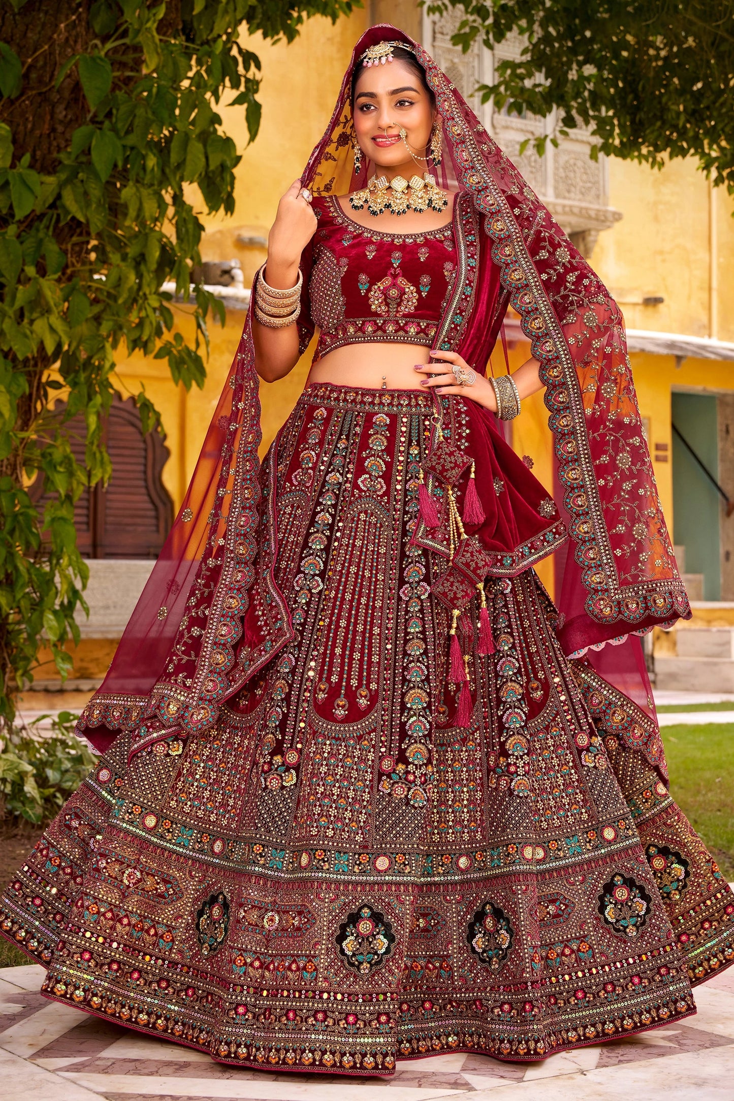Maroon Readymade Heavy Work Velvet Lehenga-SAR10461_5_SareeButa.com