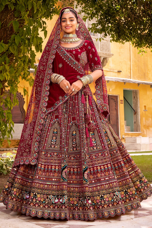 Maroon Readymade Heavy Work Velvet Lehenga-SAR10462_1_SareeButa.com
