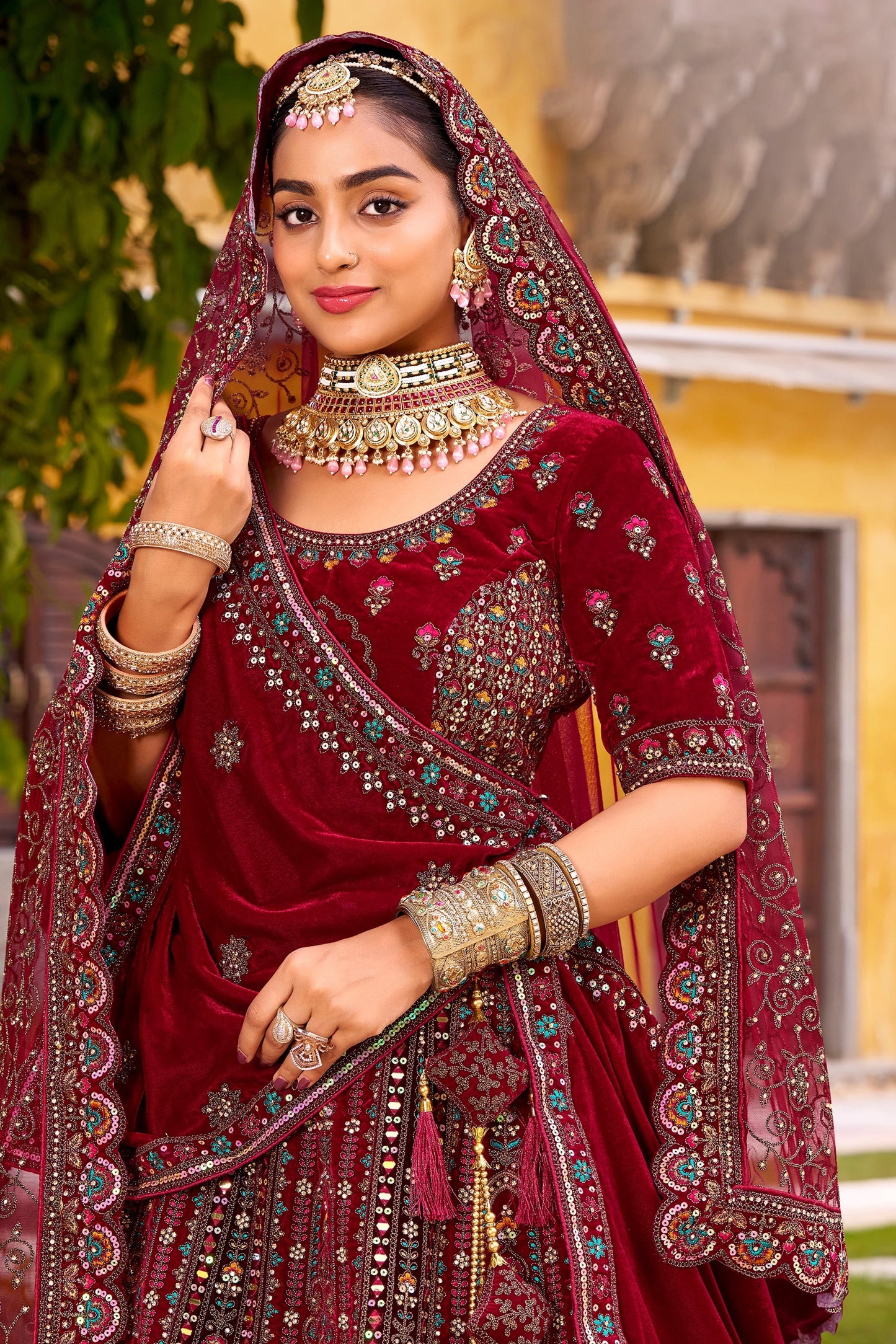 Maroon Readymade Heavy Work Velvet Lehenga-SAR10462_2_SareeButa.com