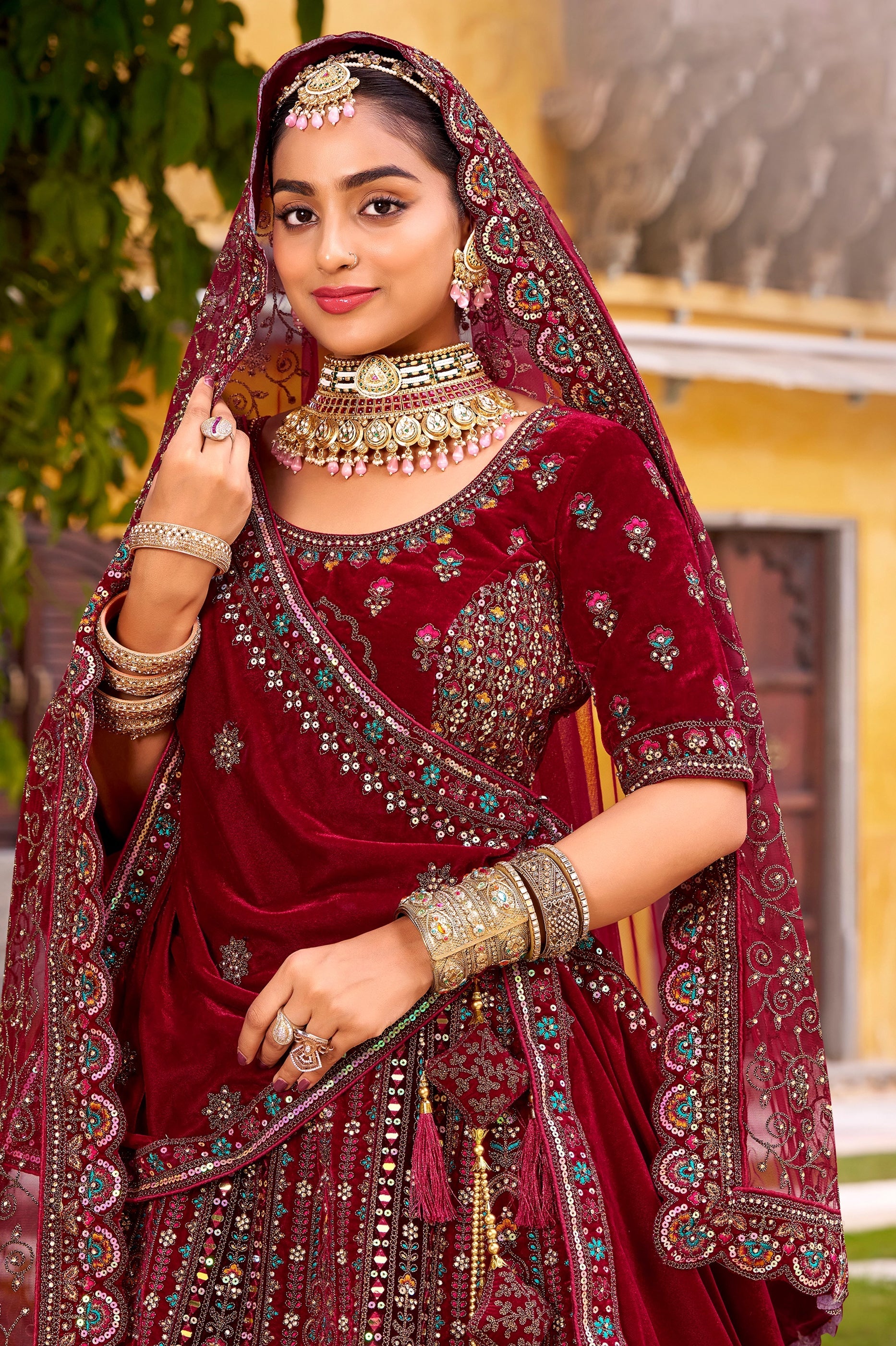 Maroon Readymade Heavy Work Velvet Lehenga-SAR10462_2_SareeButa.com