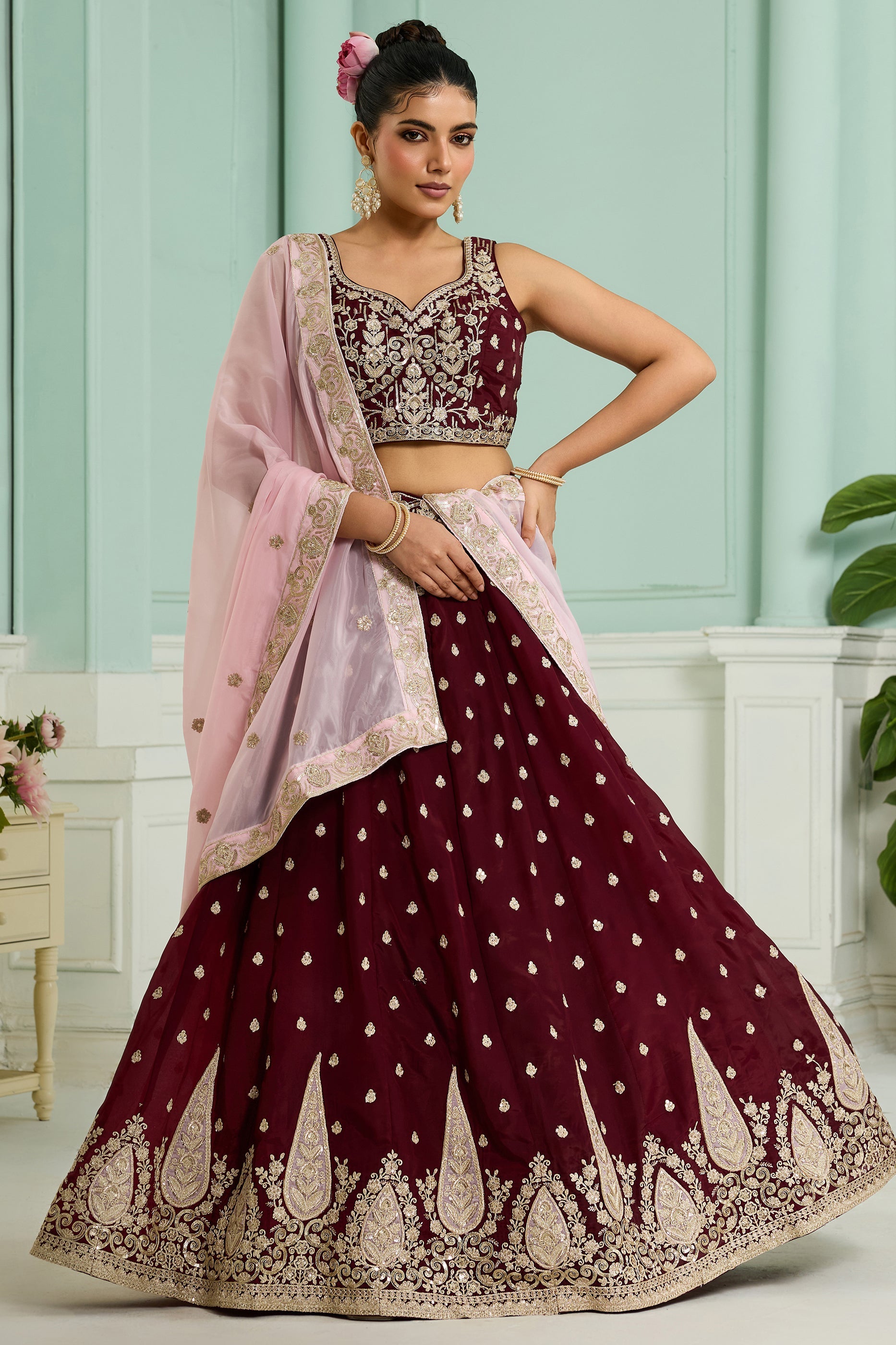 Maroon Semi-Stitched Embroidered Organza Lehenga-SAR10703_1_SareeButa.com