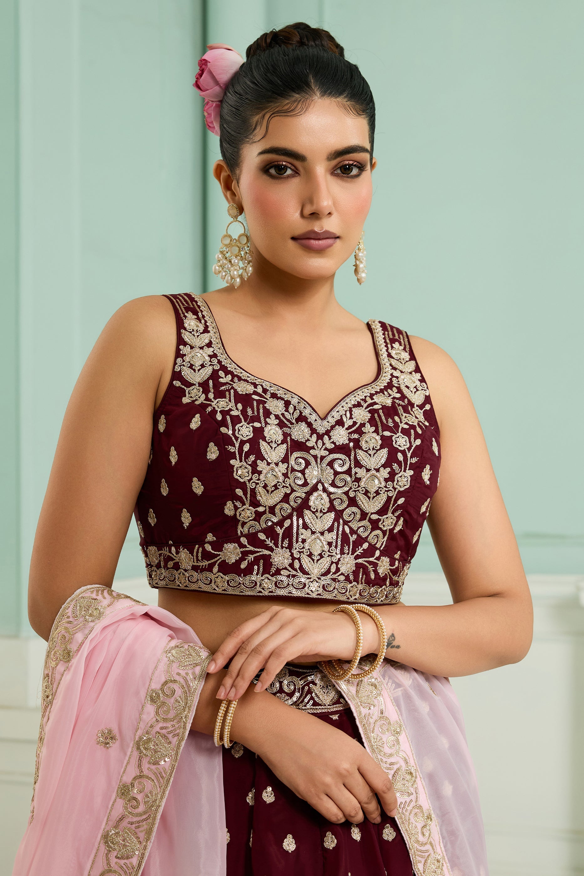 Maroon Semi-Stitched Embroidered Organza Lehenga-SAR10703_2_SareeButa.com