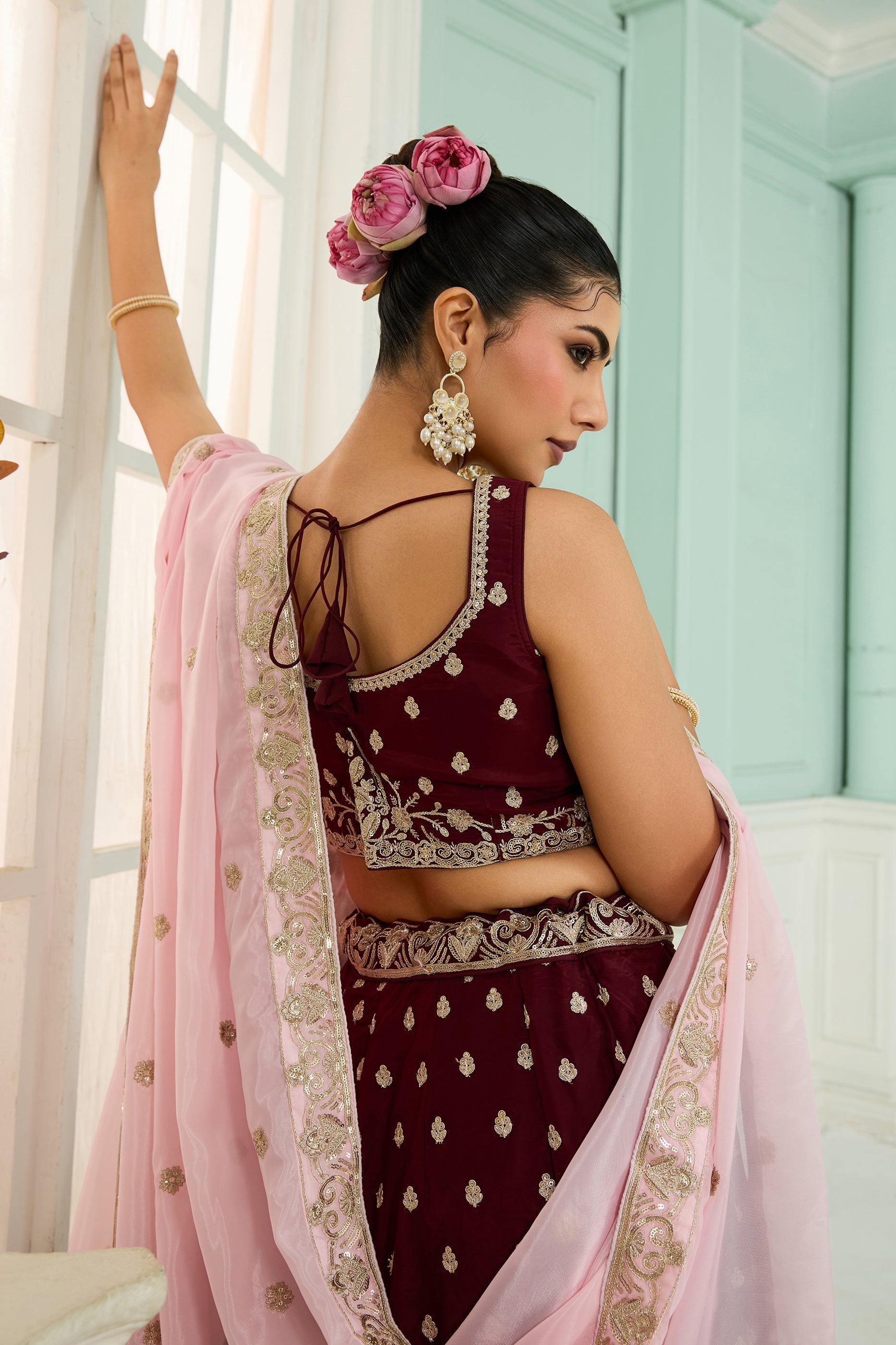 Maroon Semi-Stitched Embroidered Organza Lehenga-SAR10703_3_SareeButa.com