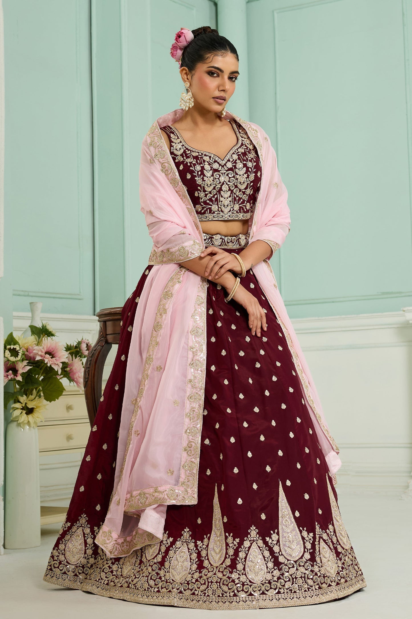 Maroon Semi-Stitched Embroidered Organza Lehenga-SAR10703_4_SareeButa.com