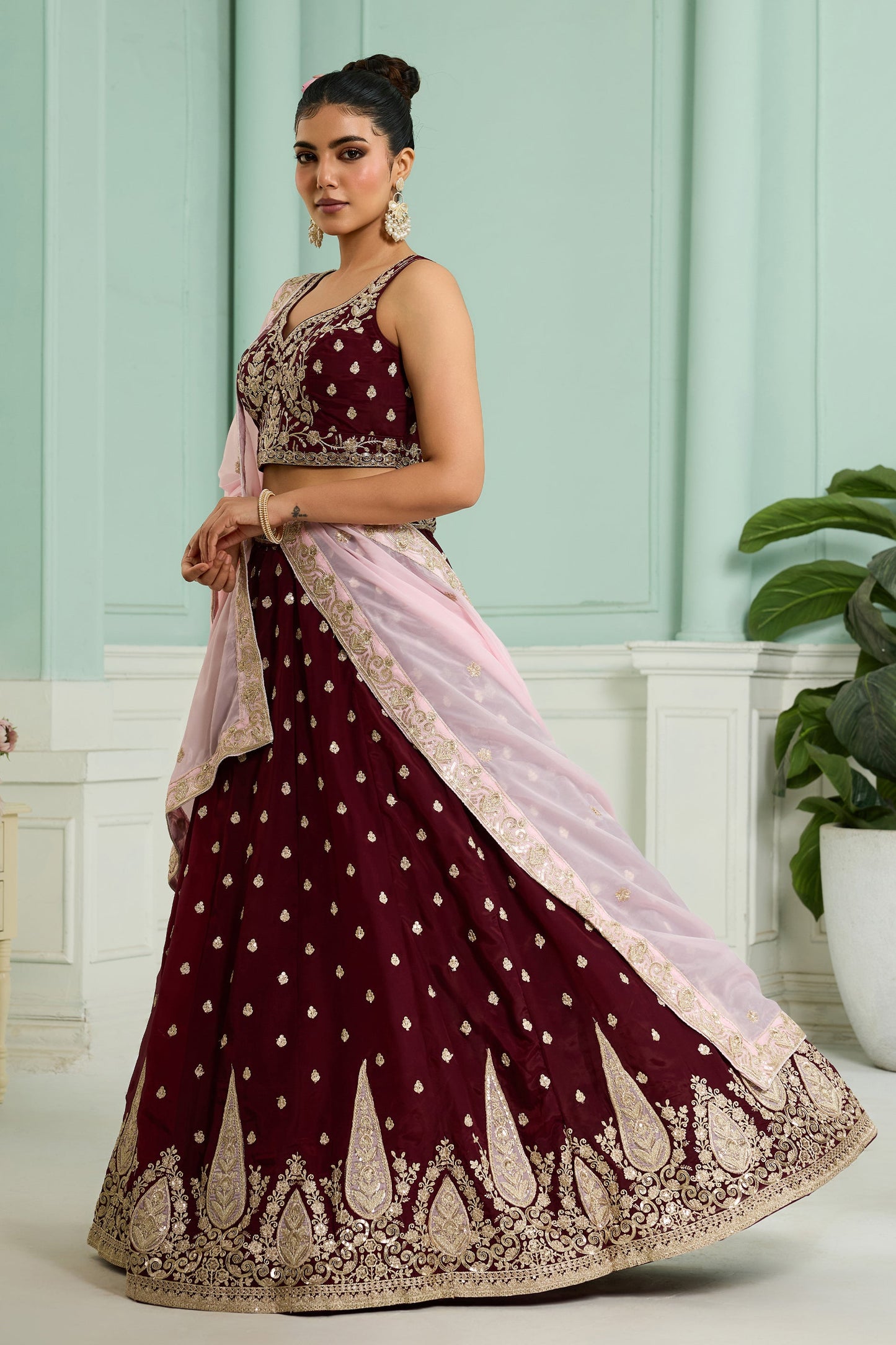 Maroon Semi-Stitched Embroidered Organza Lehenga-SAR10703_5_SareeButa.com