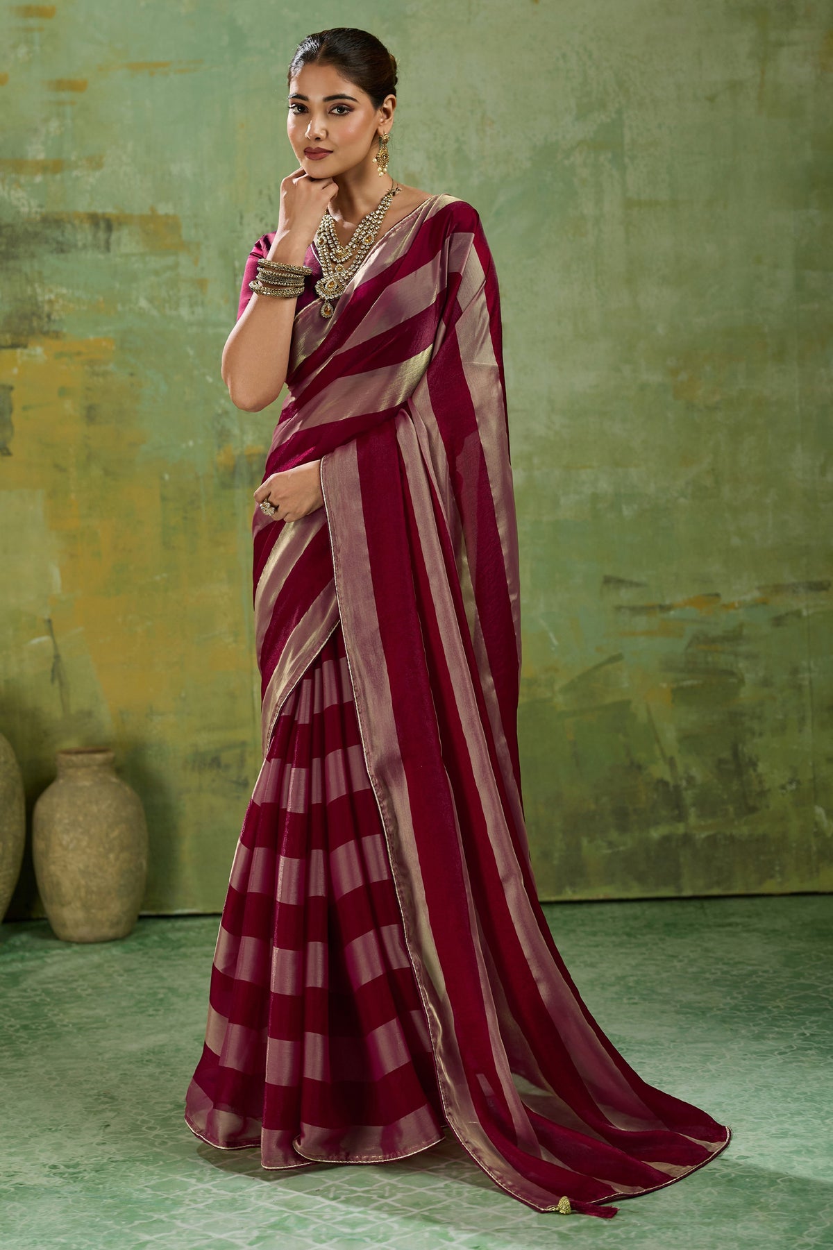 Maroon Velvet Satin Saree With Metallic Patta-SAR12943_1_SareeButa.com