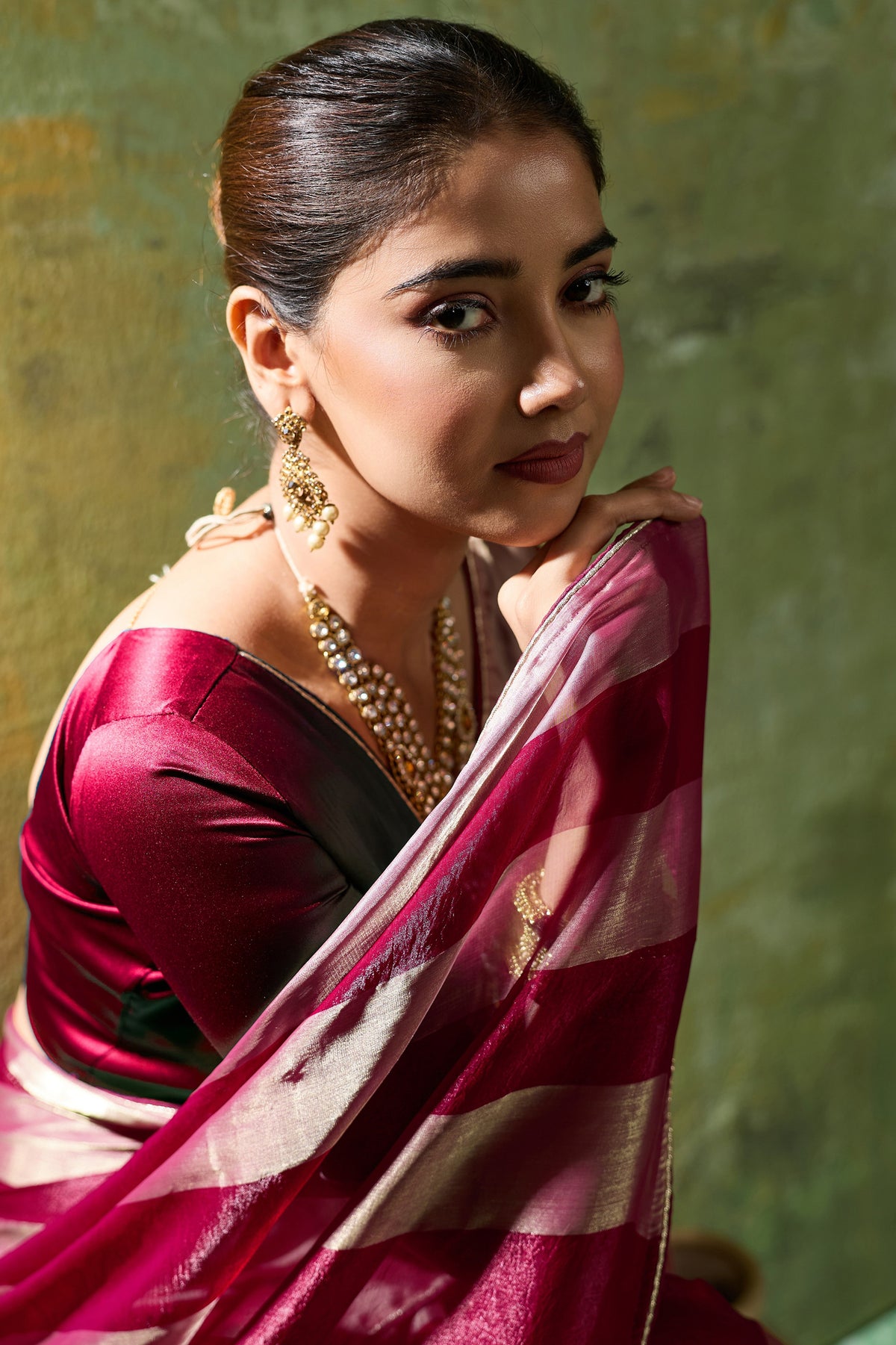 Maroon Velvet Satin Saree With Metallic Patta-SAR12943_2_SareeButa.com