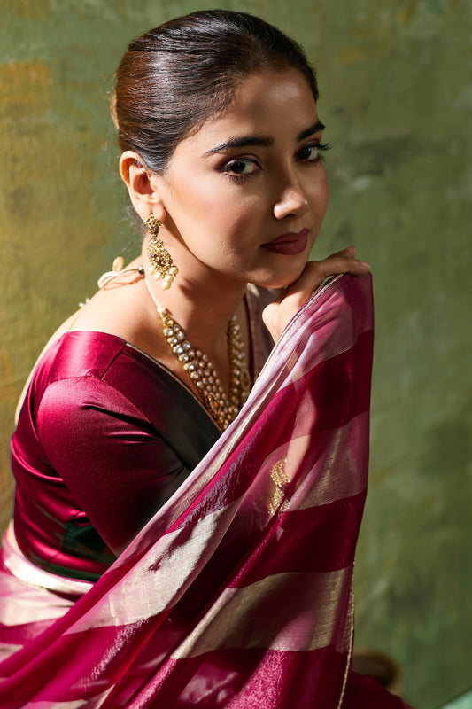Maroon Velvet Satin Saree With Metallic Patta-SAR12943_2_SareeButa.com