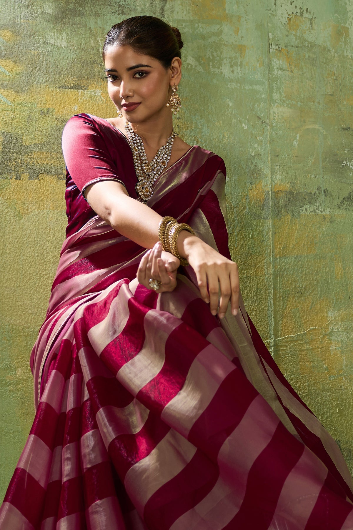 Maroon Velvet Satin Saree With Metallic Patta-SAR12943_3_SareeButa.com
