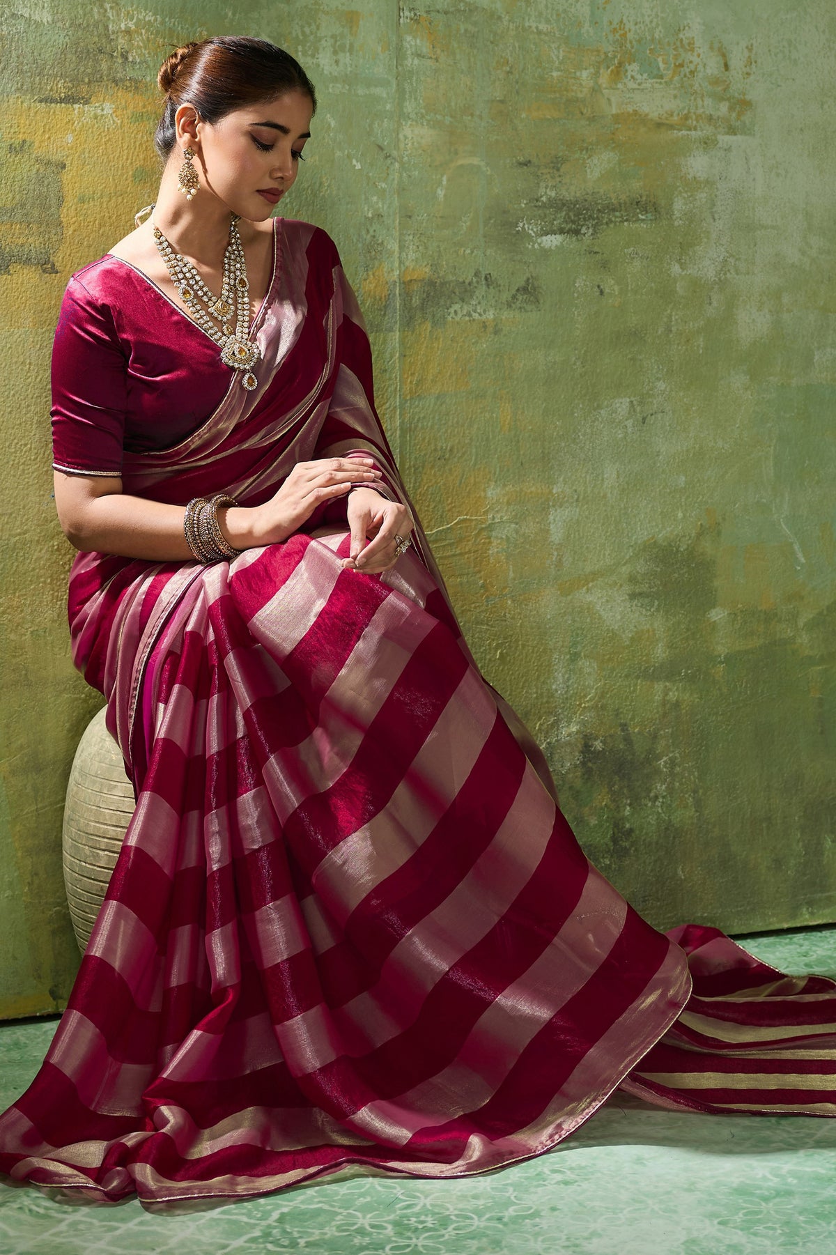 Maroon Velvet Satin Saree With Metallic Patta-SAR12943_4_SareeButa.com
