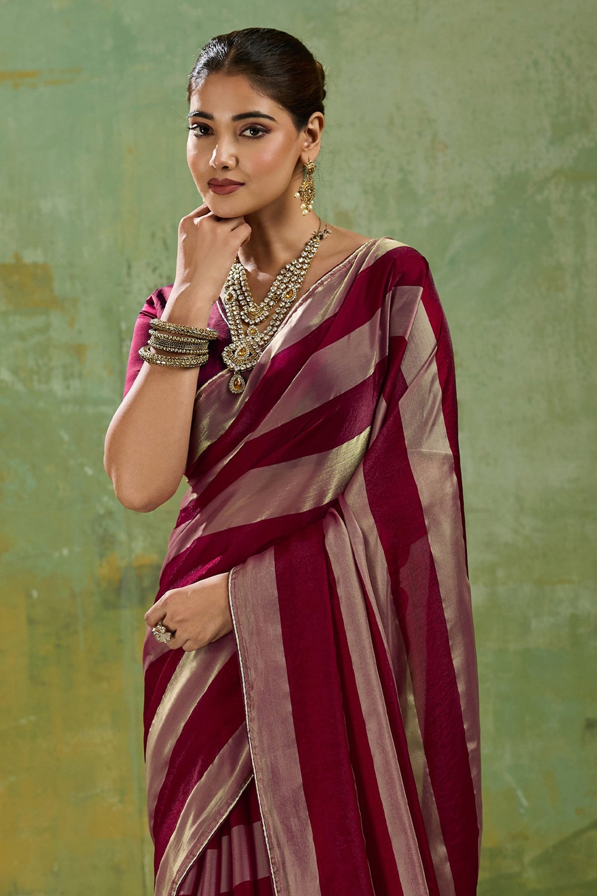 Maroon Velvet Satin Saree With Metallic Patta-SAR12943_5_SareeButa.com