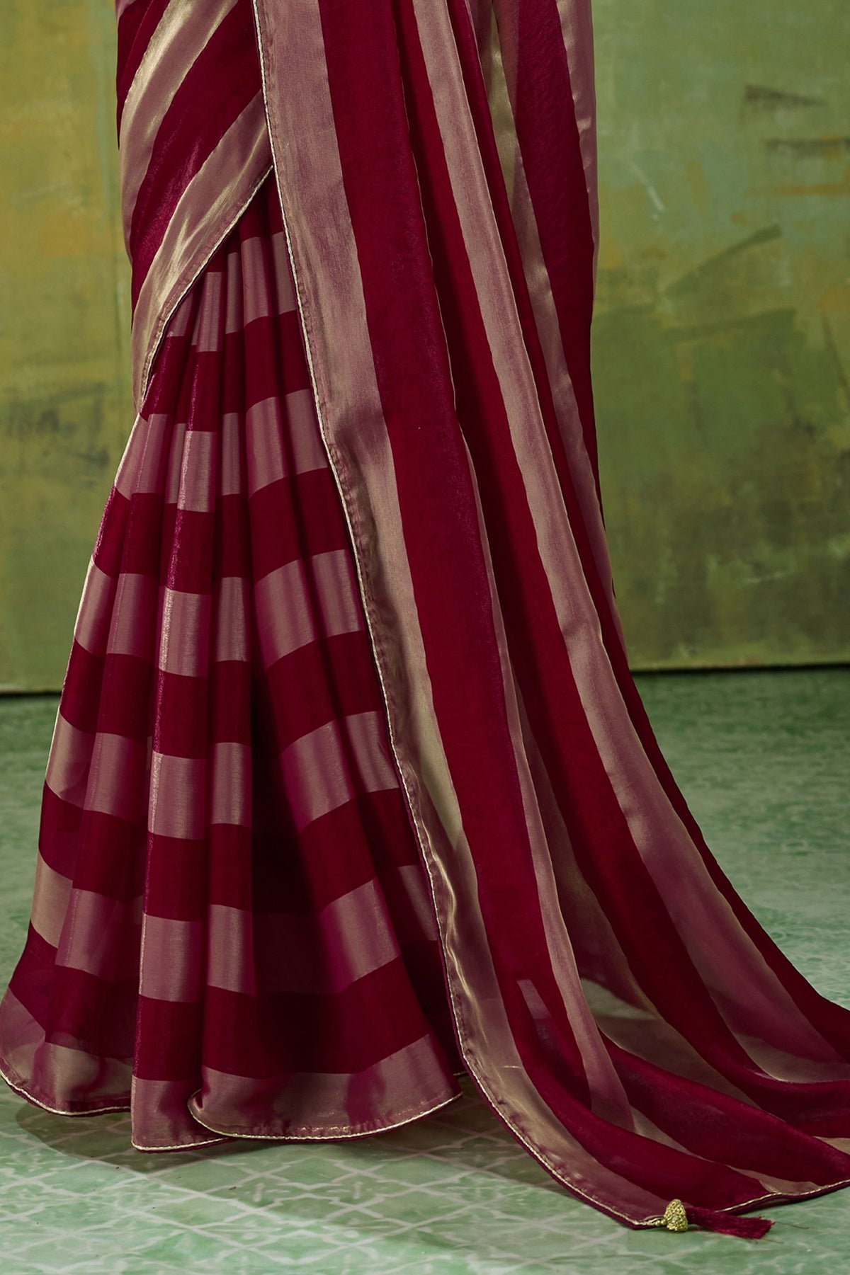 Maroon Velvet Satin Saree With Metallic Patta-SAR12943_6_SareeButa.com