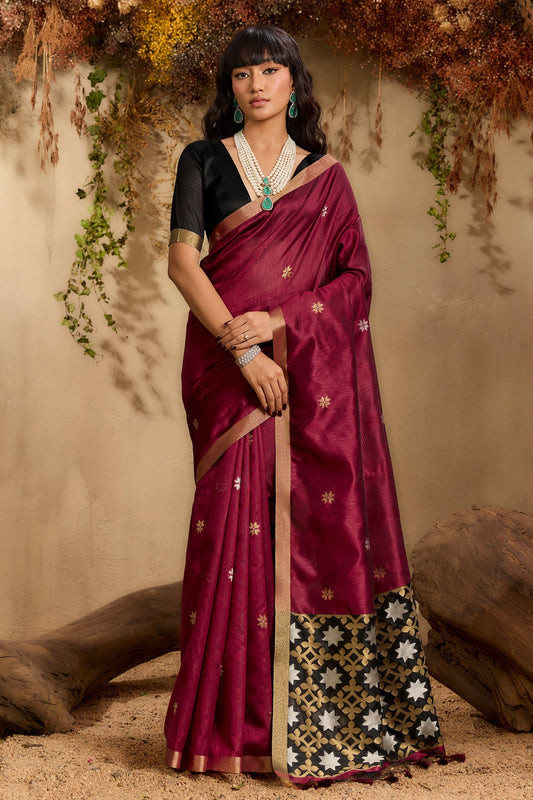 Maroon Woven Tussar Silk Saree-SAR11237_1_SareeButa.com
