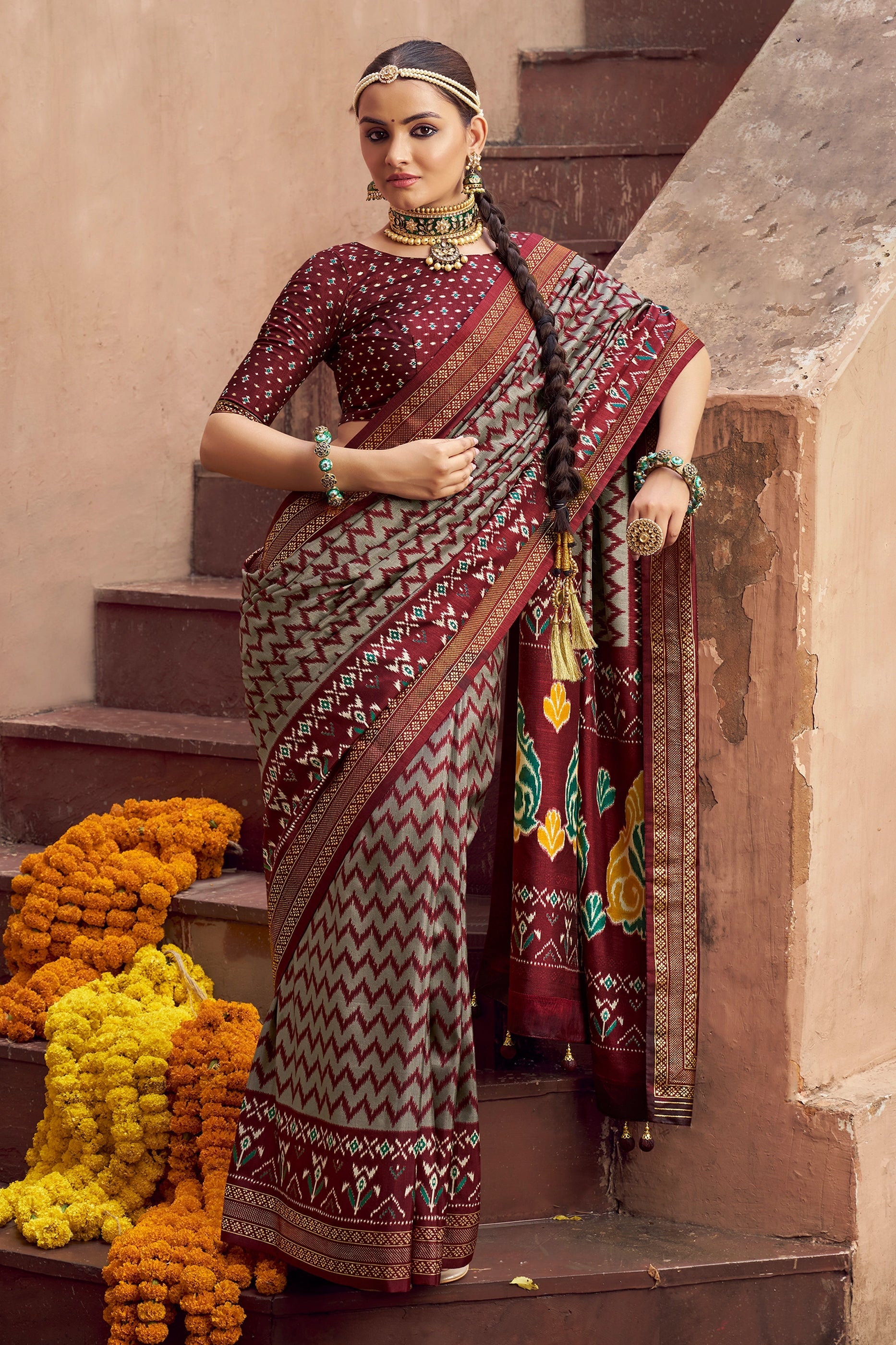 Maroon and Grey Printed Patola Silk Saree-SAR10387_1_SareeButa.com