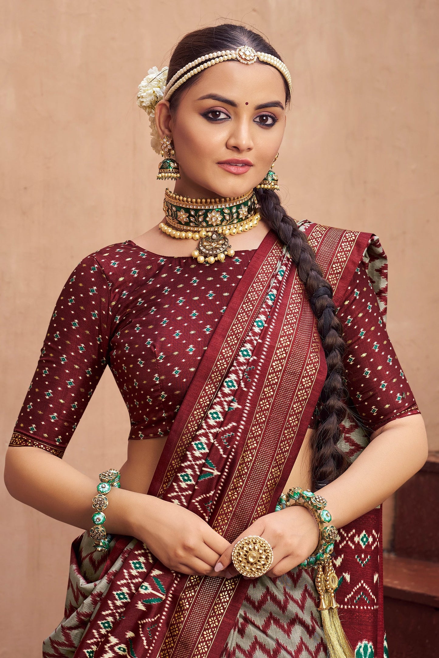 Maroon and Grey Printed Patola Silk Saree-SAR10387_2_SareeButa.com