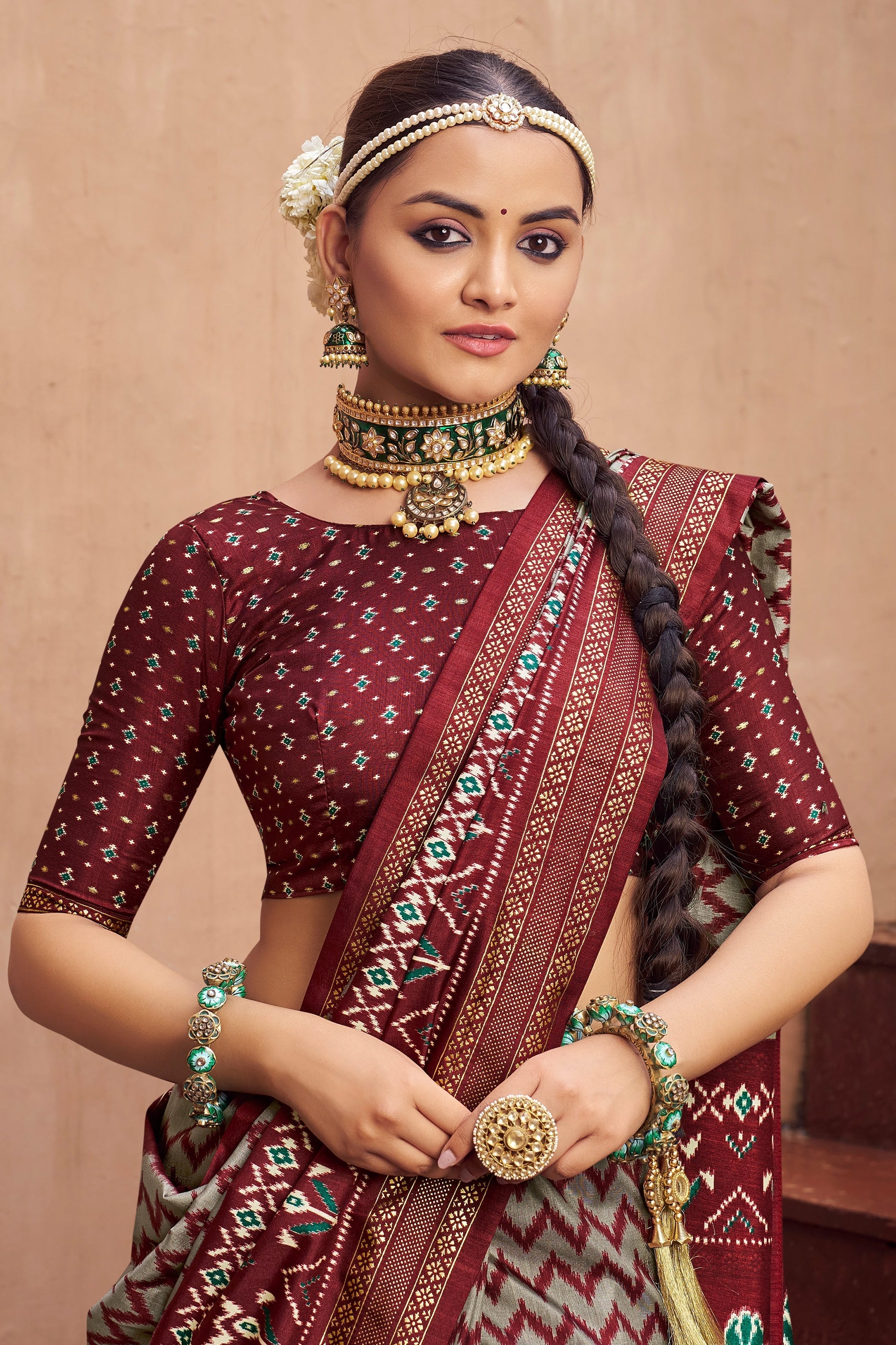 Maroon and Grey Printed Patola Silk Saree-SAR10387_2_SareeButa.com