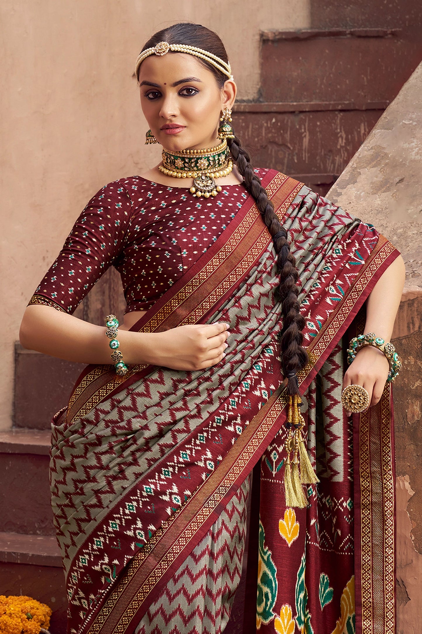 Maroon and Grey Printed Patola Silk Saree-SAR10387_3_SareeButa.com