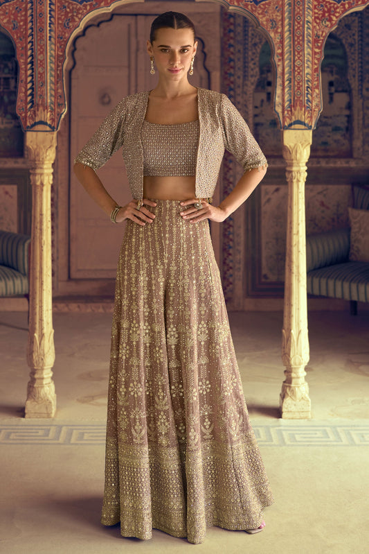 Mauve Readymade Georgette Palazzo Set with Jacket-SS926_1_SareeButa.com