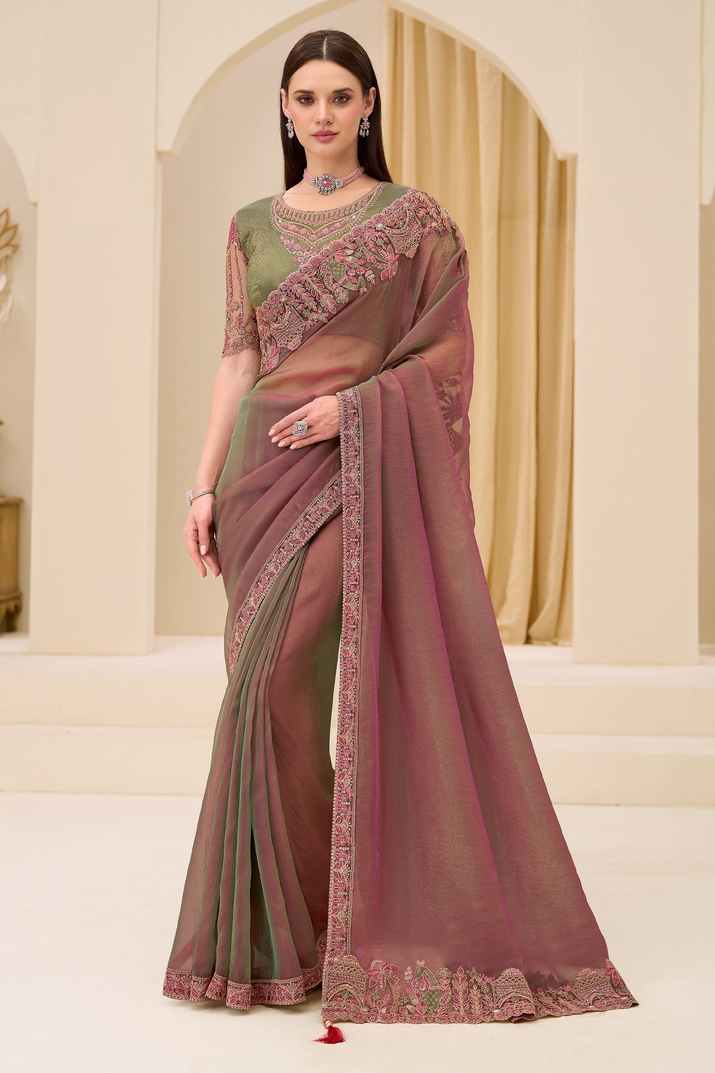Mauve And Green Embroidered Georgette Saree-SAR12436_1_SareeButa.com