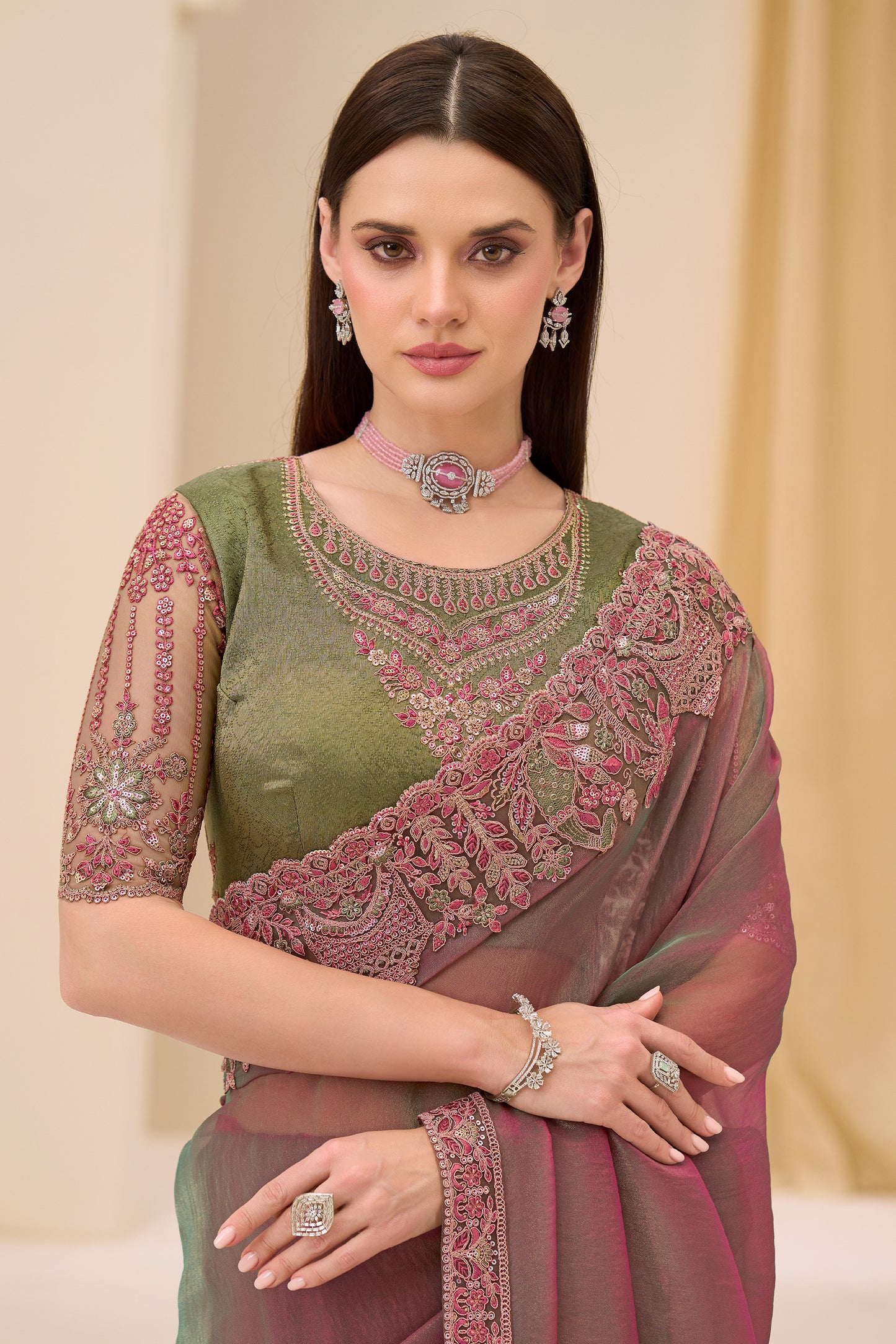 Mauve And Green Embroidered Georgette Saree-SAR12436_2_SareeButa.com