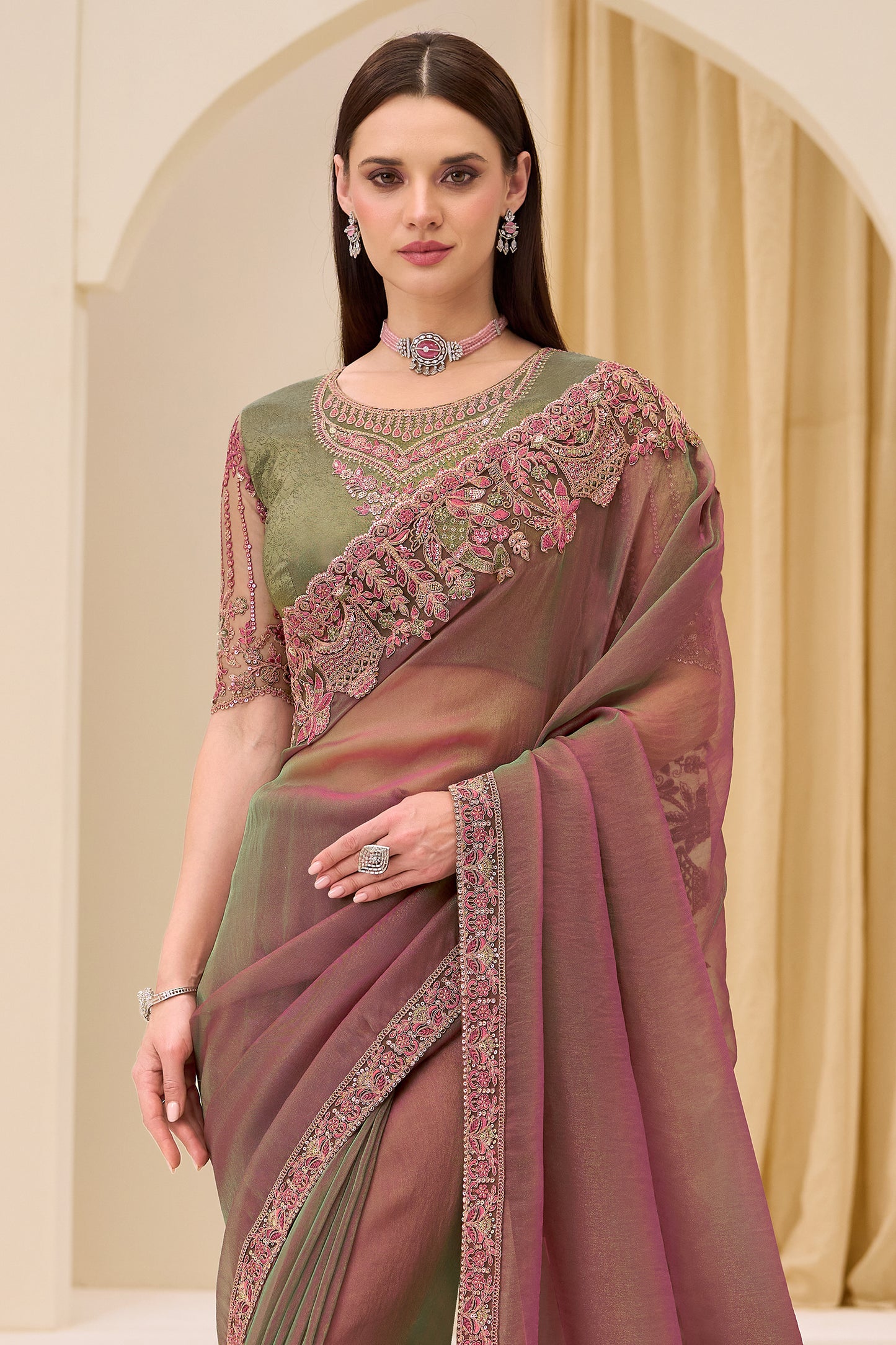 Mauve And Green Embroidered Georgette Saree-SAR12436_5_SareeButa.com
