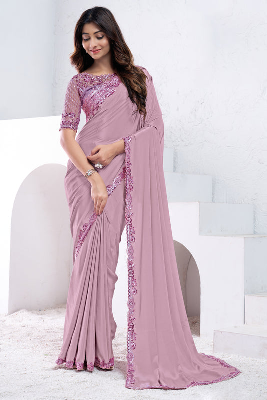 Mauve Embroidered Crepe Silk Saree