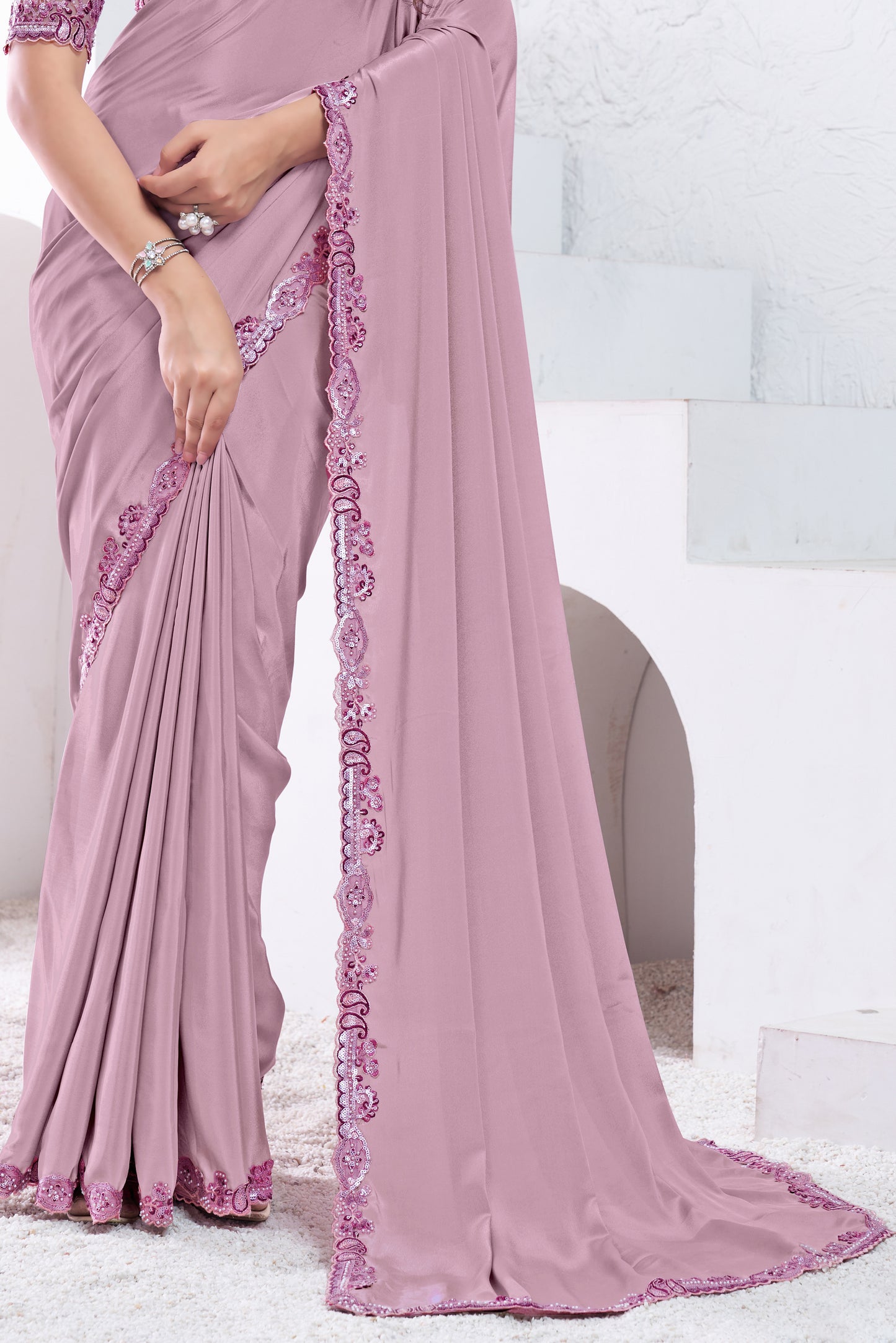 Mauve Embroidered Crepe Silk Saree