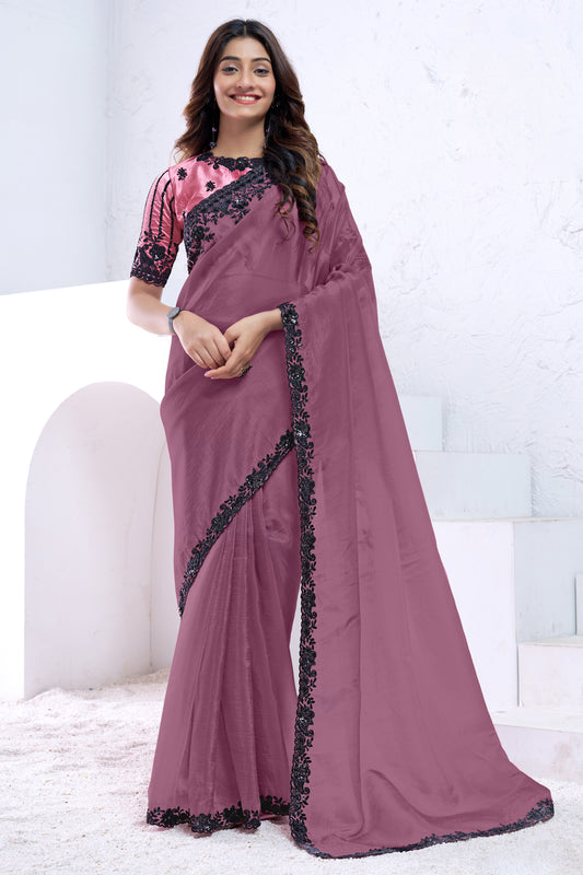 Mauve Embroidered Crush Silk Saree