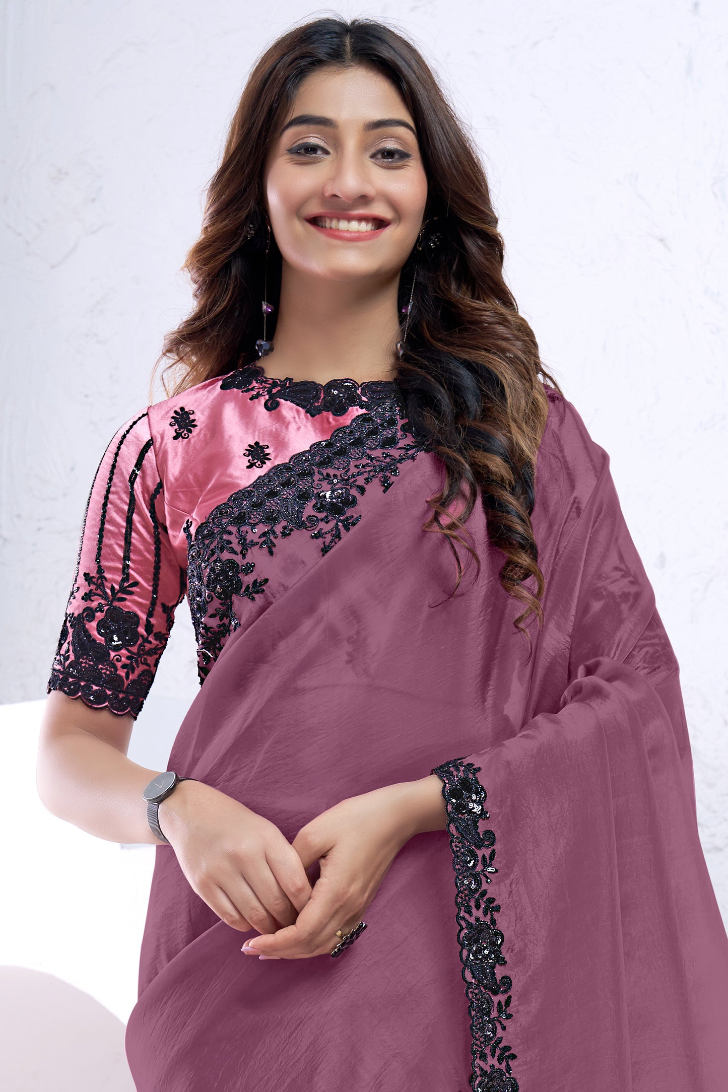 Mauve Embroidered Crush Silk Saree