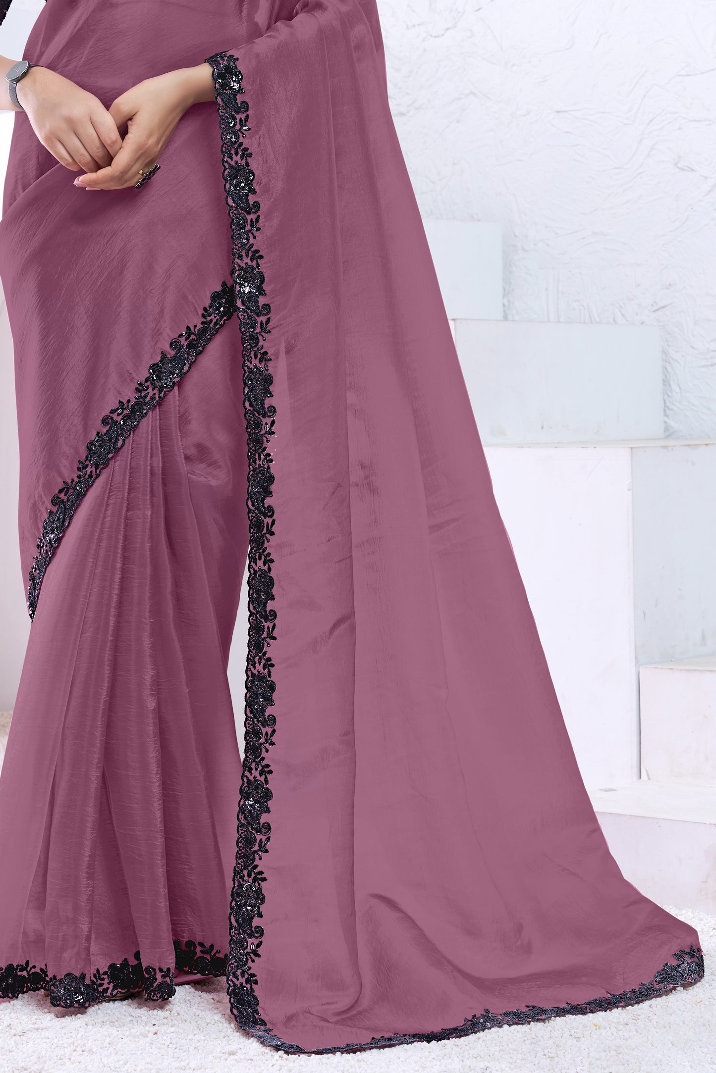 Mauve Embroidered Crush Silk Saree