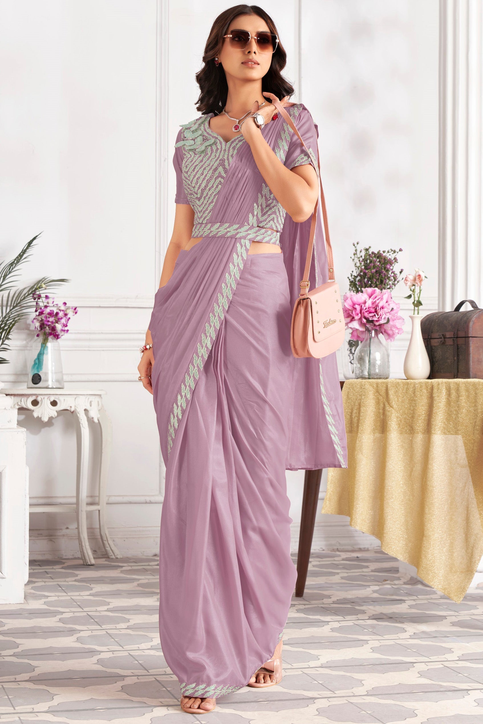 Mauve Georgette Readymade Saree With Stitched Blouse-ZB133707_1_SareeButa.com