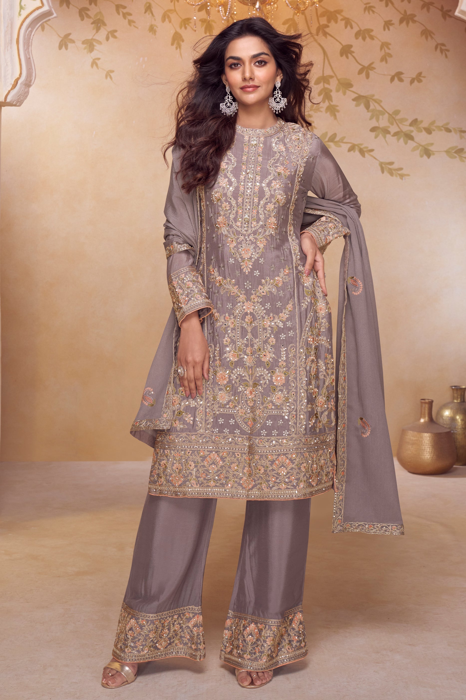Mauve Readymade Embroidered Chinon Suit-SAR12141_1_SareeButa.com