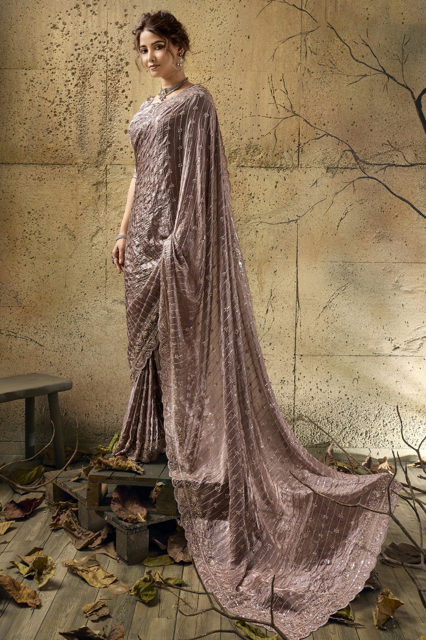 Mauve Sequin Work Velvet Satin Saree-SAR12813_1_SareeButa.com